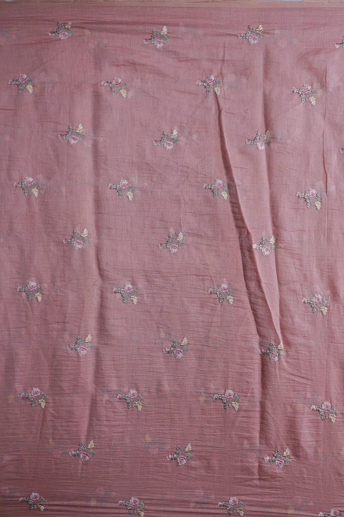 Beautiful Multi Thread With Gold Sequins Floral Embroidery Work On Pastel Pink Pure Mul Chanderi Silk Fabric - doeraa