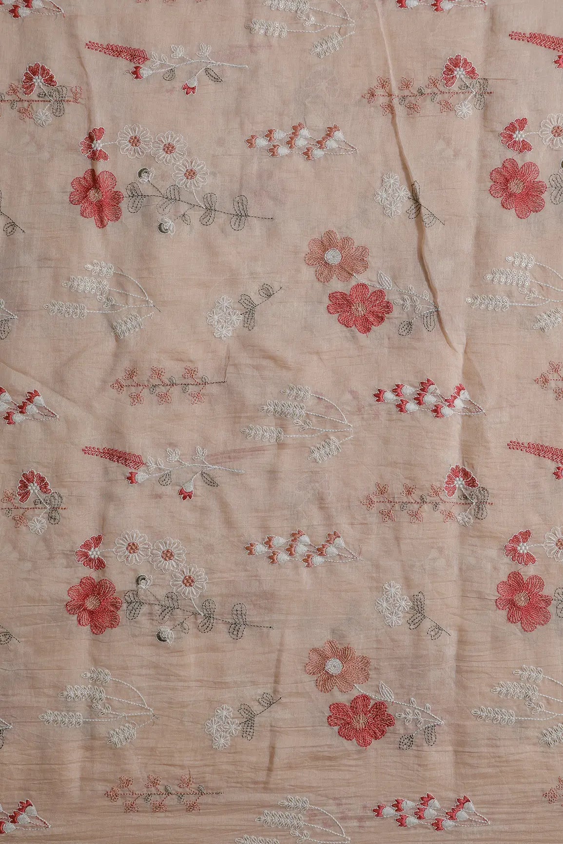 Beautiful Multi Thread With Gold Sequins Floral Embroidery Work On Peach Pure Mul Chanderi Silk Fabric - doeraa