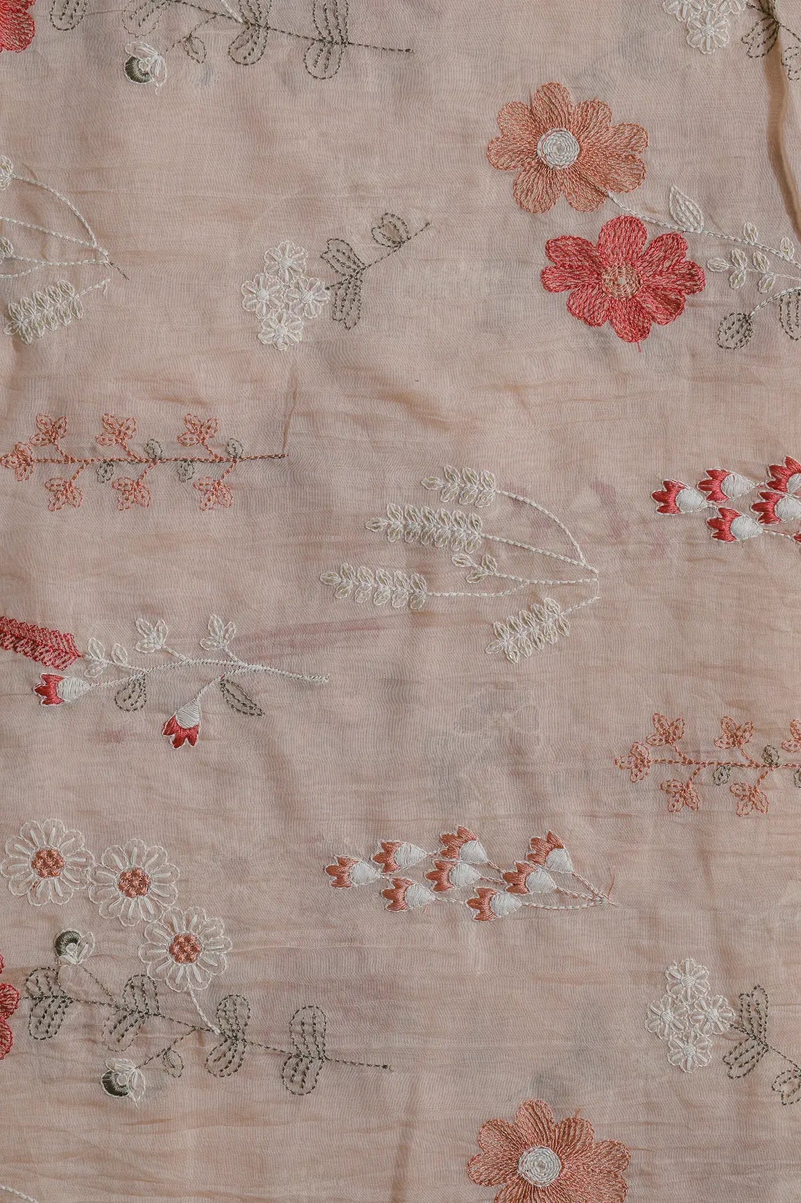 Beautiful Multi Thread With Gold Sequins Floral Embroidery Work On Peach Pure Mul Chanderi Silk Fabric - doeraa