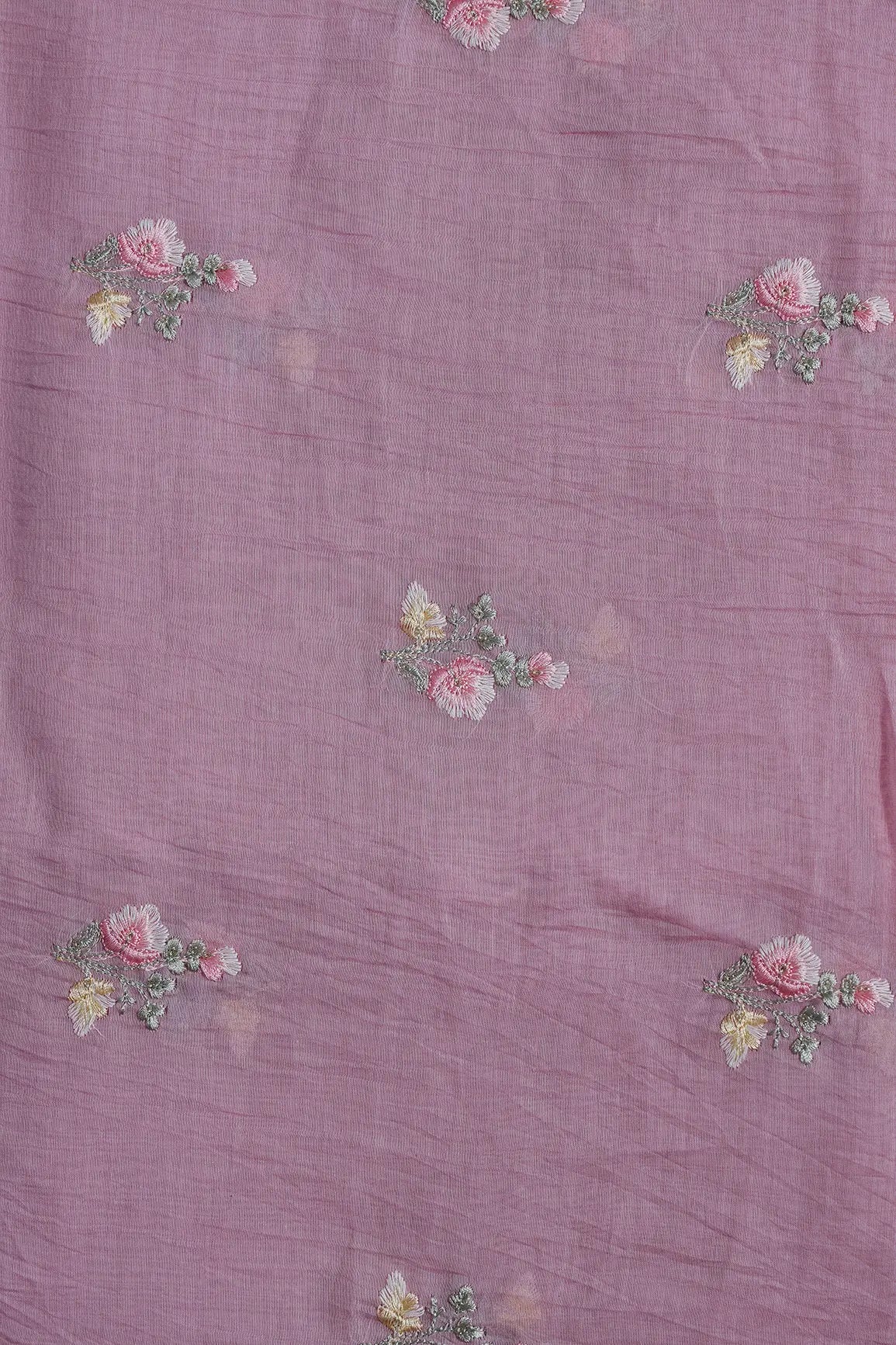Beautiful Multi Thread With Gold Sequins Floral Embroidery Work On Pink Pure Mul Chanderi Silk Fabric - doeraa