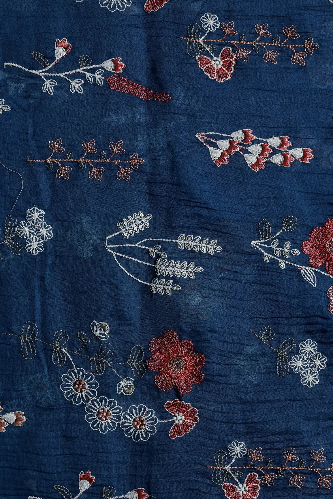Beautiful Multi Thread With Gold Sequins Floral Embroidery Work On Prussian Blue Pure Mul Chanderi Silk Fabric - doeraa