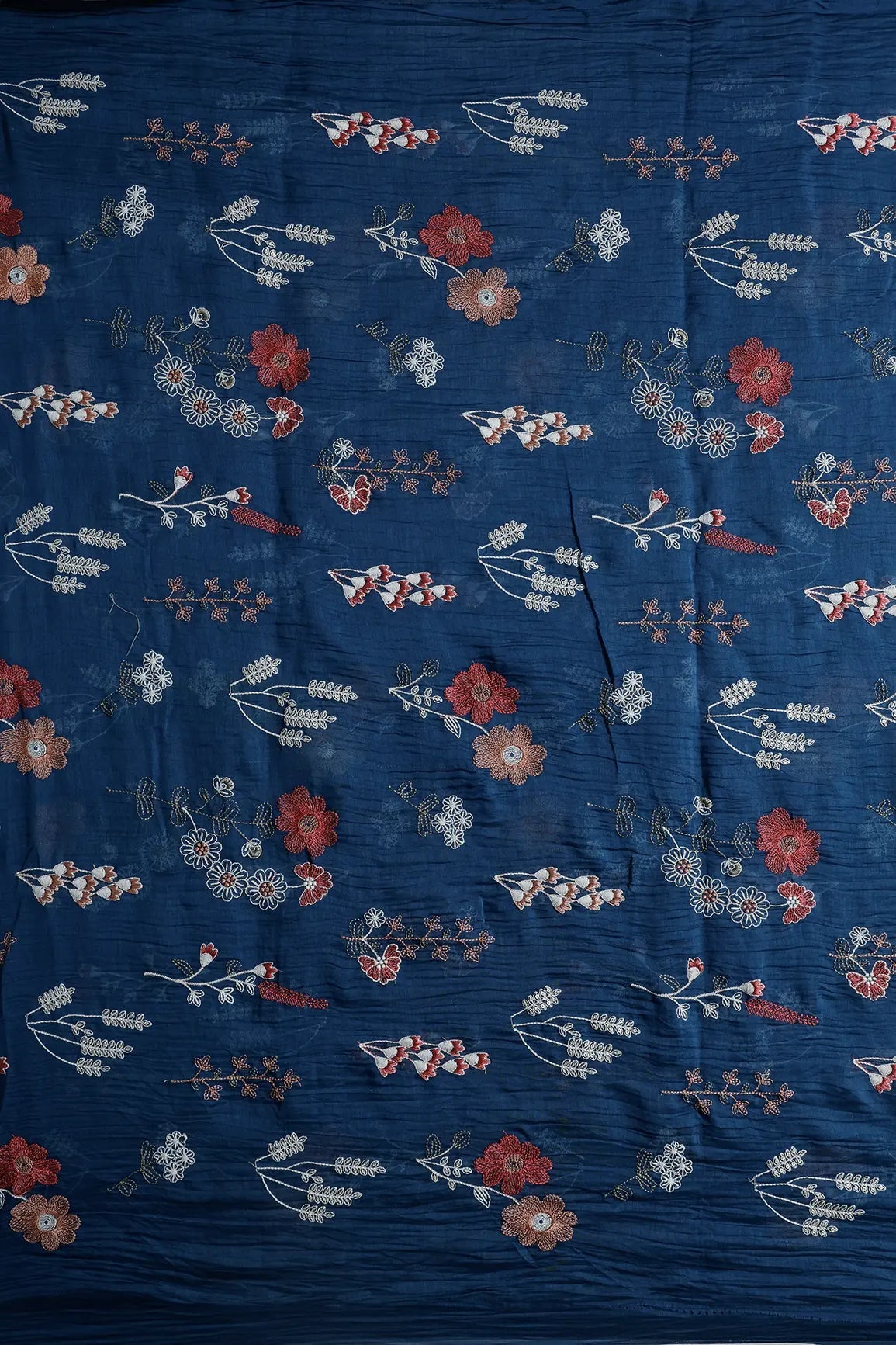 Beautiful Multi Thread With Gold Sequins Floral Embroidery Work On Prussian Blue Pure Mul Chanderi Silk Fabric - doeraa