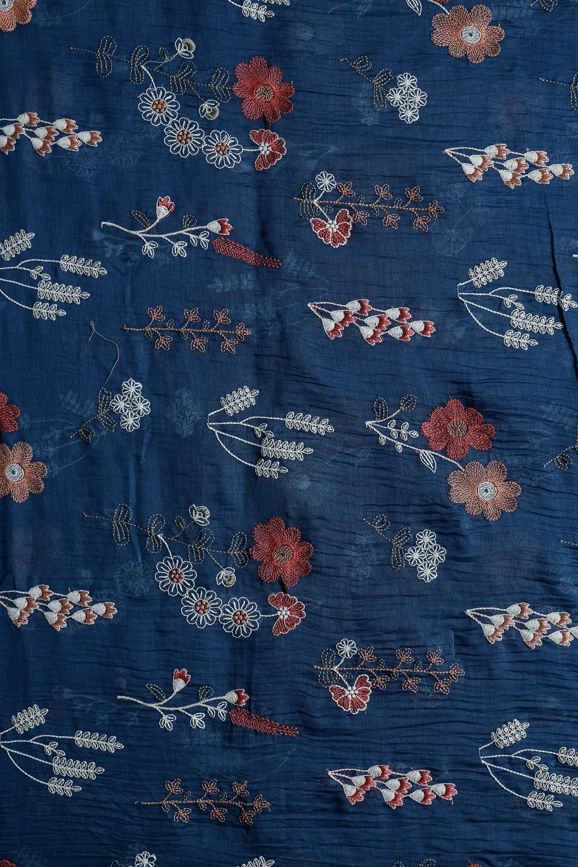 Beautiful Multi Thread With Gold Sequins Floral Embroidery Work On Prussian Blue Pure Mul Chanderi Silk Fabric - doeraa