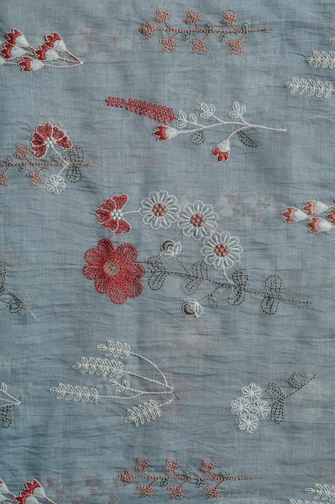 Beautiful Multi Thread With Gold Sequins Floral Embroidery Work On Tempered Grey Pure Mul Chanderi Silk Fabric - doeraa