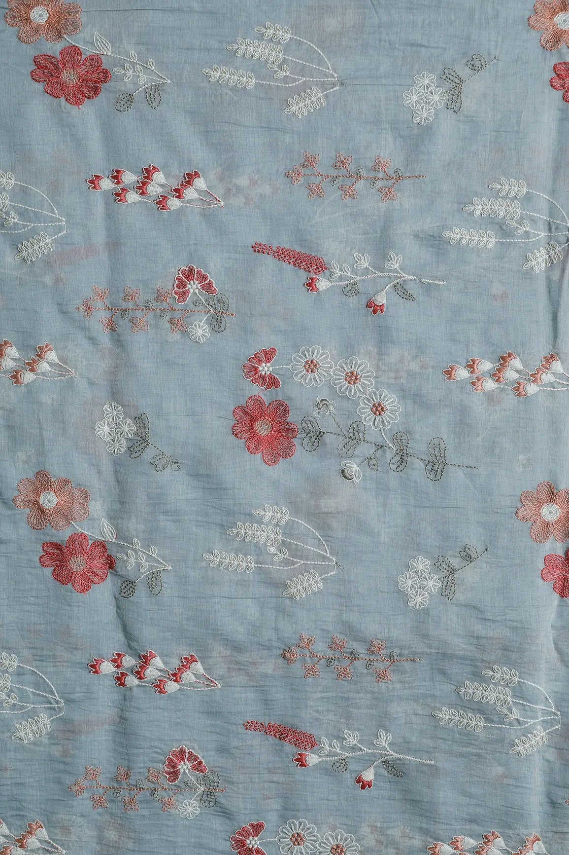 Beautiful Multi Thread With Gold Sequins Floral Embroidery Work On Tempered Grey Pure Mul Chanderi Silk Fabric - doeraa