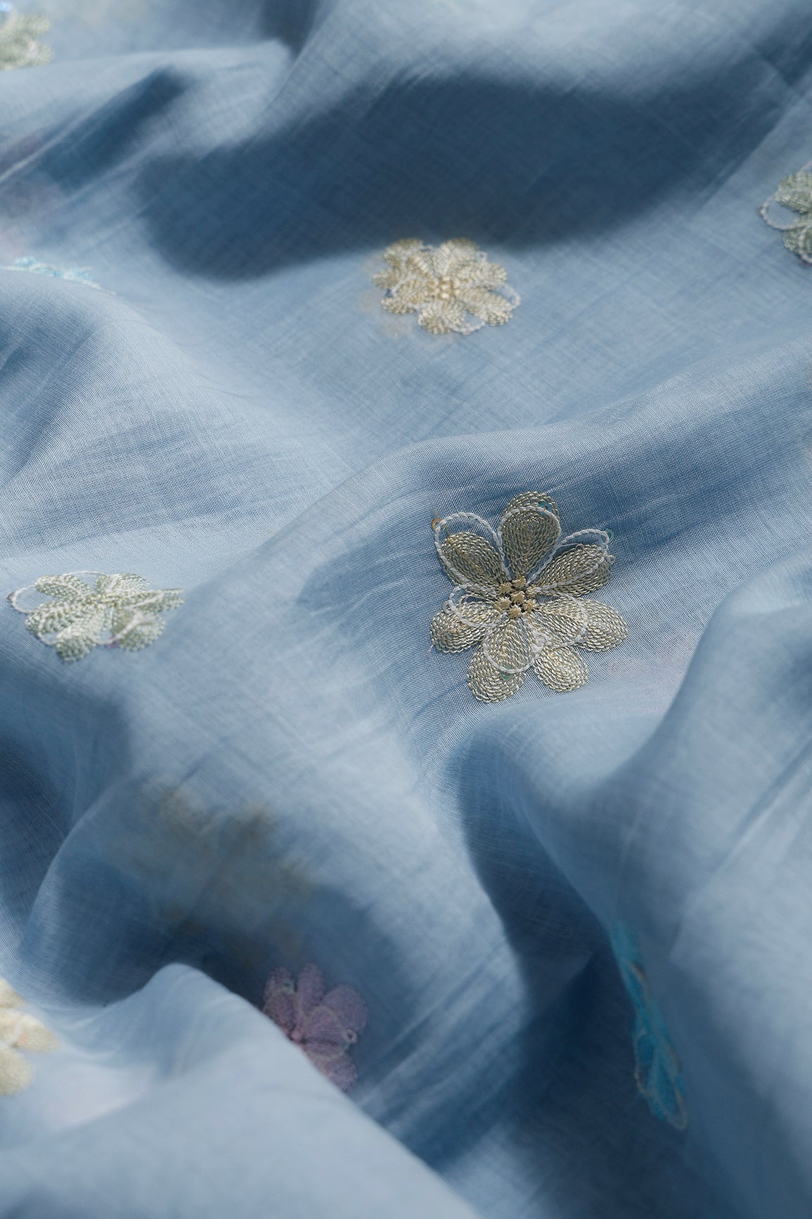 Beautiful Multi Thread With Multi Sequins Floral Embroidery Work On Pastel Blue Pure Mul Chanderi Silk Fabric - doeraa