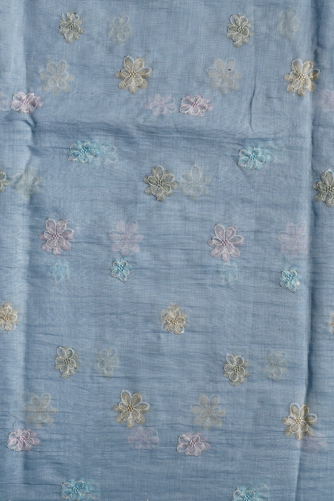 Beautiful Multi Thread With Multi Sequins Floral Embroidery Work On Pastel Blue Pure Mul Chanderi Silk Fabric - doeraa