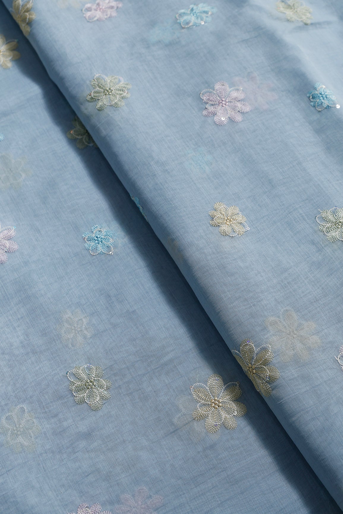Beautiful Multi Thread With Multi Sequins Floral Embroidery Work On Pastel Blue Pure Mul Chanderi Silk Fabric - doeraa
