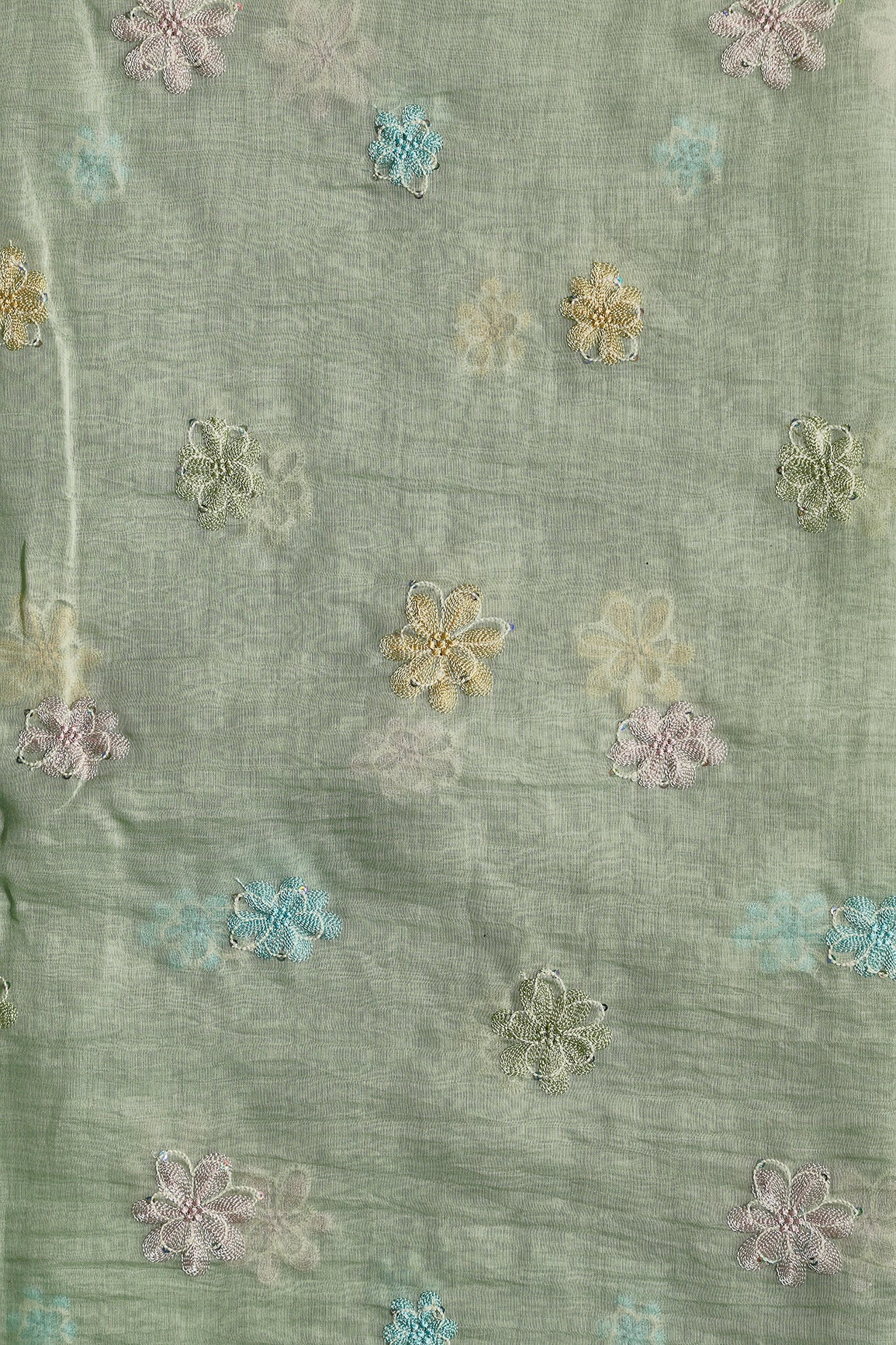 Beautiful Multi Thread With Multi Sequins Floral Embroidery Work On Pastel Olive Green Pure Mul Chanderi Silk Fabric - doeraa