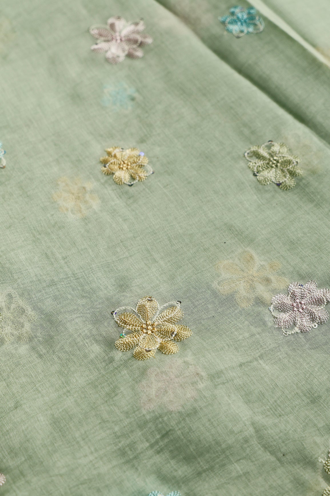Beautiful Multi Thread With Multi Sequins Floral Embroidery Work On Pastel Olive Green Pure Mul Chanderi Silk Fabric - doeraa