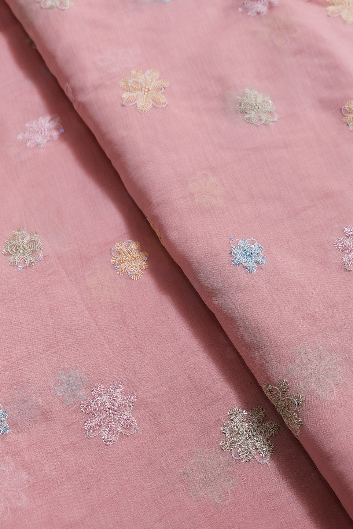 Beautiful Multi Thread With Multi Sequins Floral Embroidery Work On Pastel Pink Pure Mul Chanderi Silk Fabric - doeraa