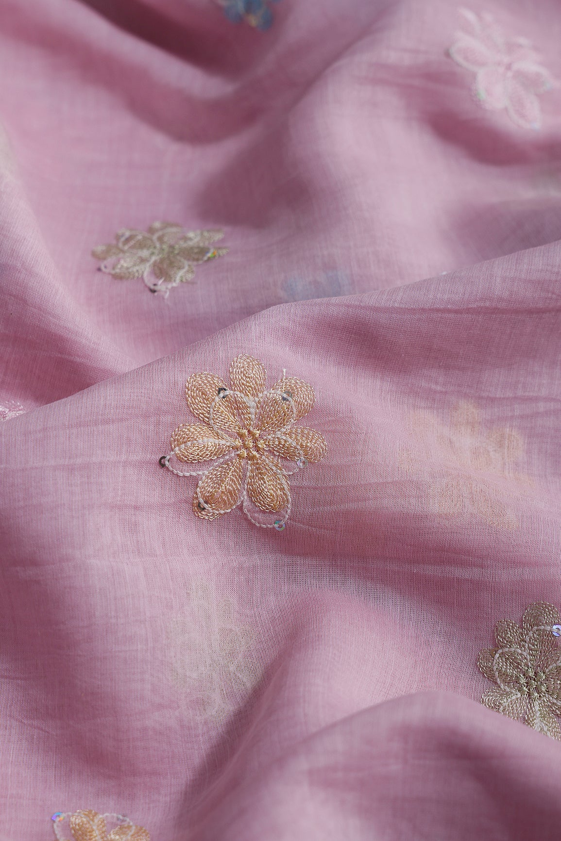 Beautiful Multi Thread With Multi Sequins Floral Embroidery Work On Pink Pure Mul Chanderi Silk Fabric - doeraa