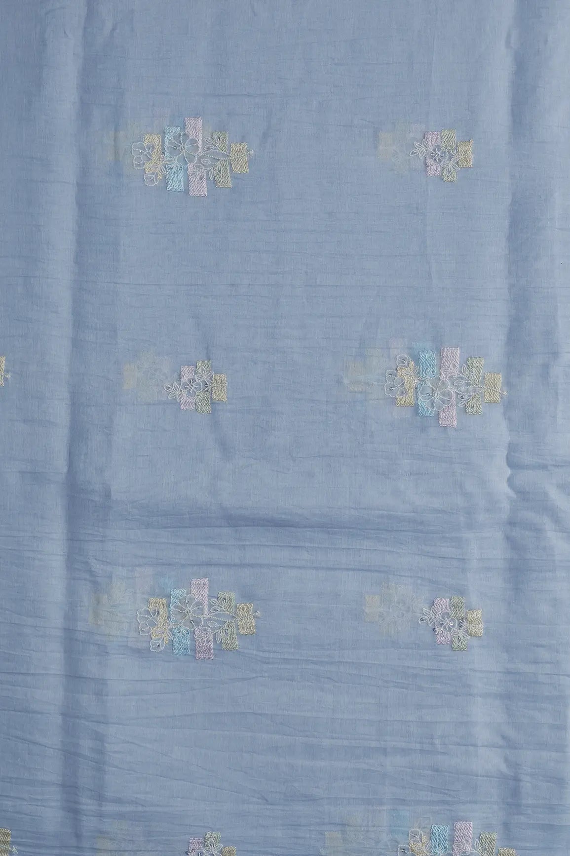 Beautiful Multi Thread With Sequins Floral Embroidery Work On Pastel Blue Pure Mul Chanderi Silk Fabric - doeraa