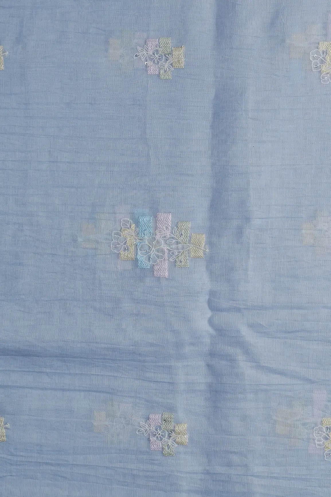 Beautiful Multi Thread With Sequins Floral Embroidery Work On Pastel Blue Pure Mul Chanderi Silk Fabric - doeraa
