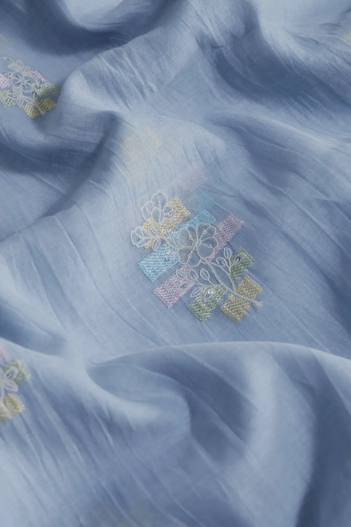 Beautiful Multi Thread With Sequins Floral Embroidery Work On Pastel Blue Pure Mul Chanderi Silk Fabric - doeraa