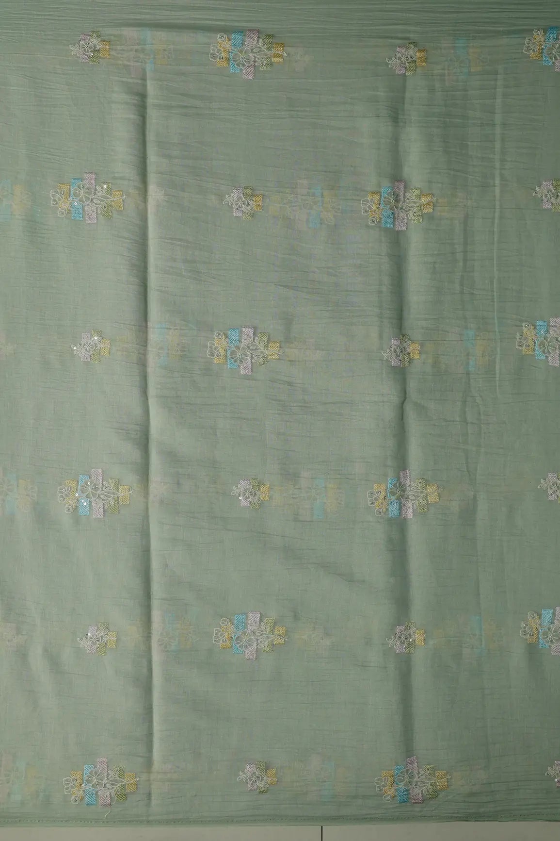 Beautiful Multi Thread With Sequins Floral Embroidery Work On Pastel Olive Green Pure Mul Chanderi Silk Fabric - doeraa
