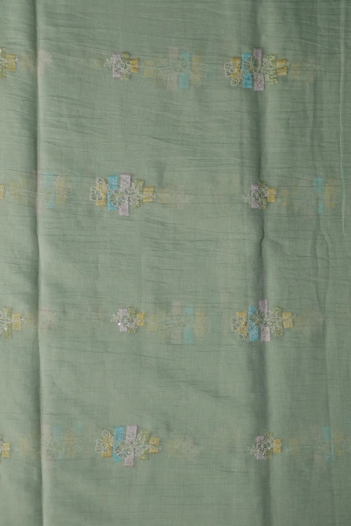 Beautiful Multi Thread With Sequins Floral Embroidery Work On Pastel Olive Green Pure Mul Chanderi Silk Fabric - doeraa