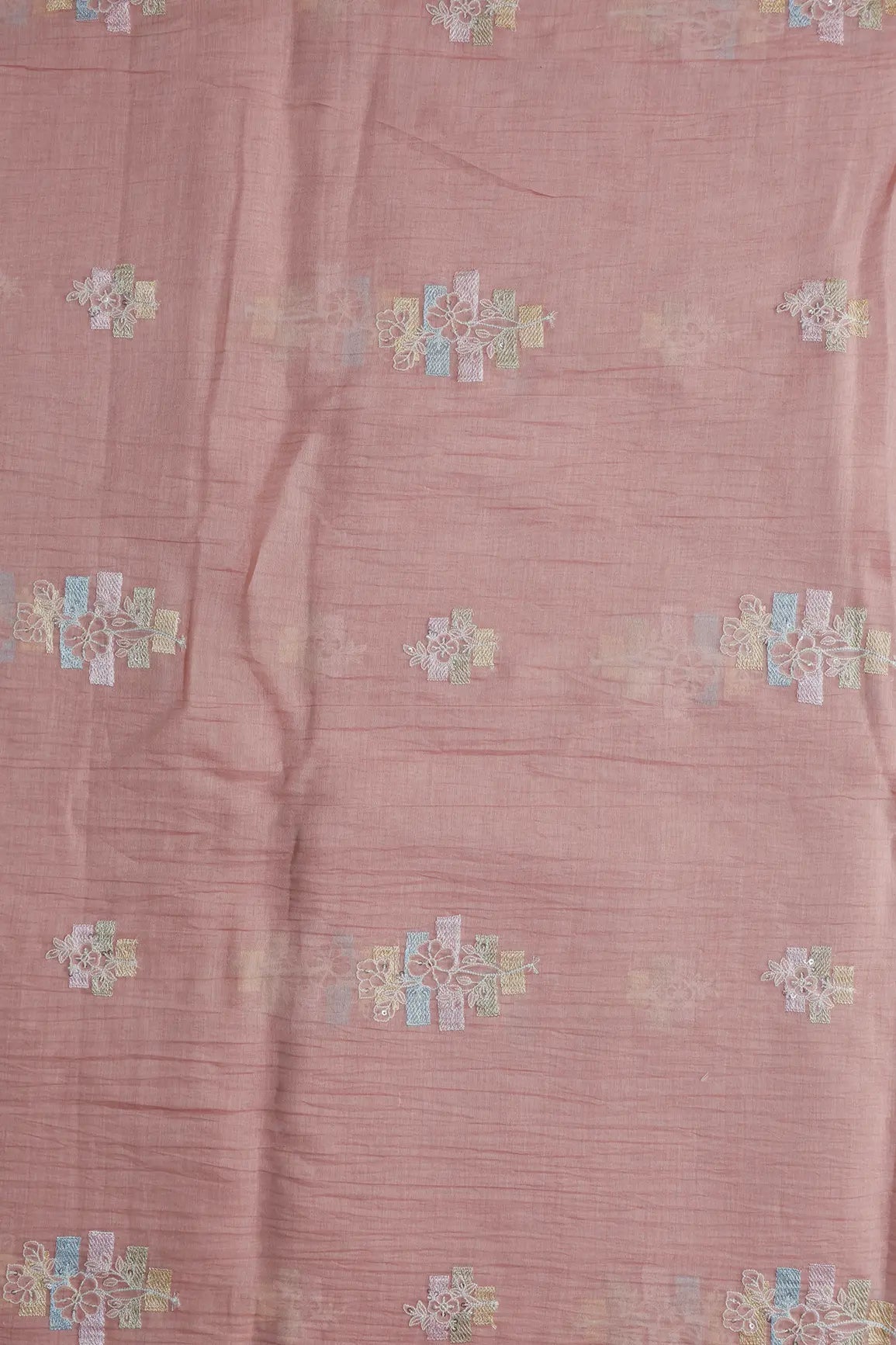 Beautiful Multi Thread With Sequins Floral Embroidery Work On Pastel Pink Pure Mul Chanderi Silk Fabric - doeraa