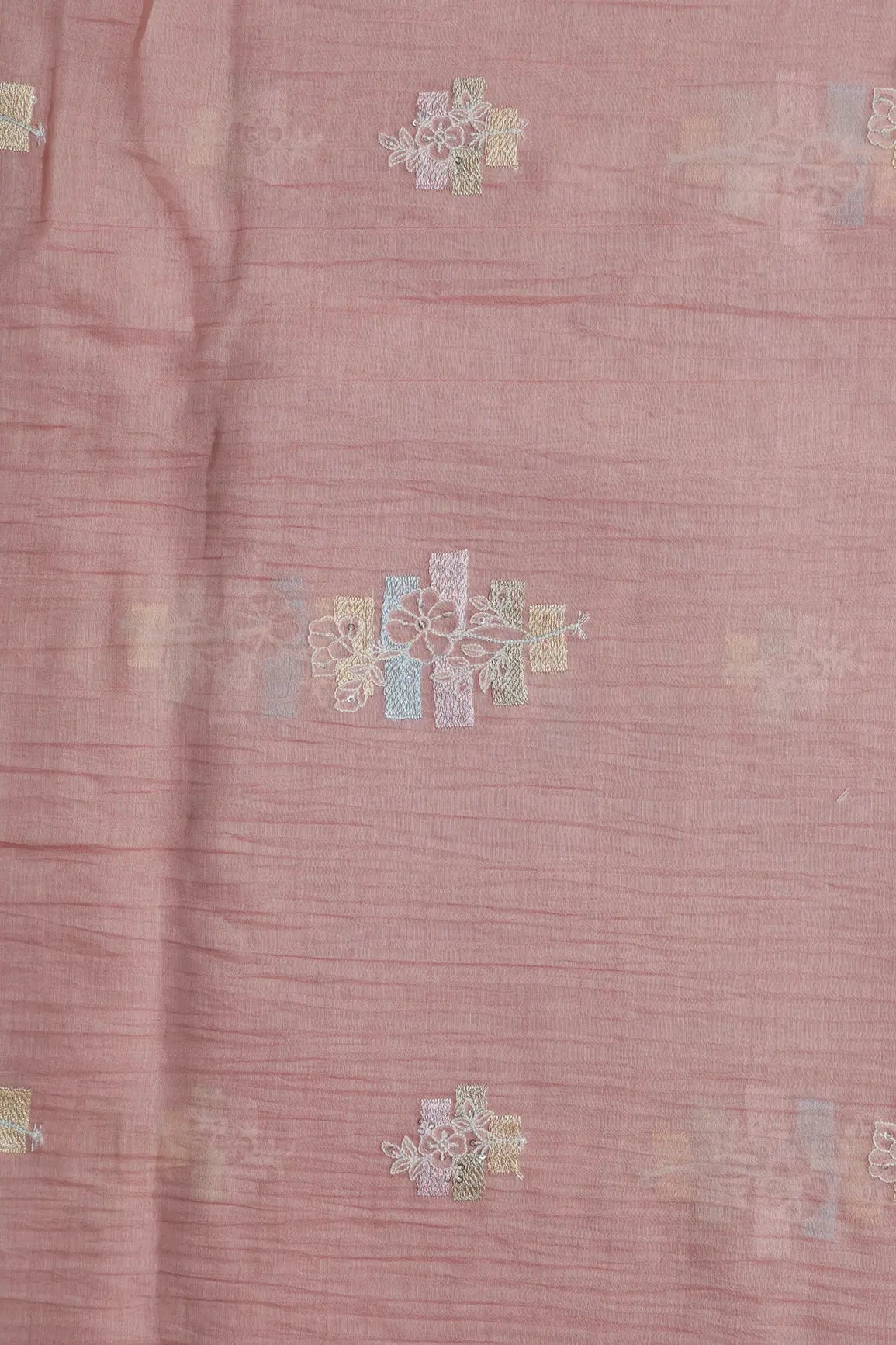 Beautiful Multi Thread With Sequins Floral Embroidery Work On Pastel Pink Pure Mul Chanderi Silk Fabric - doeraa