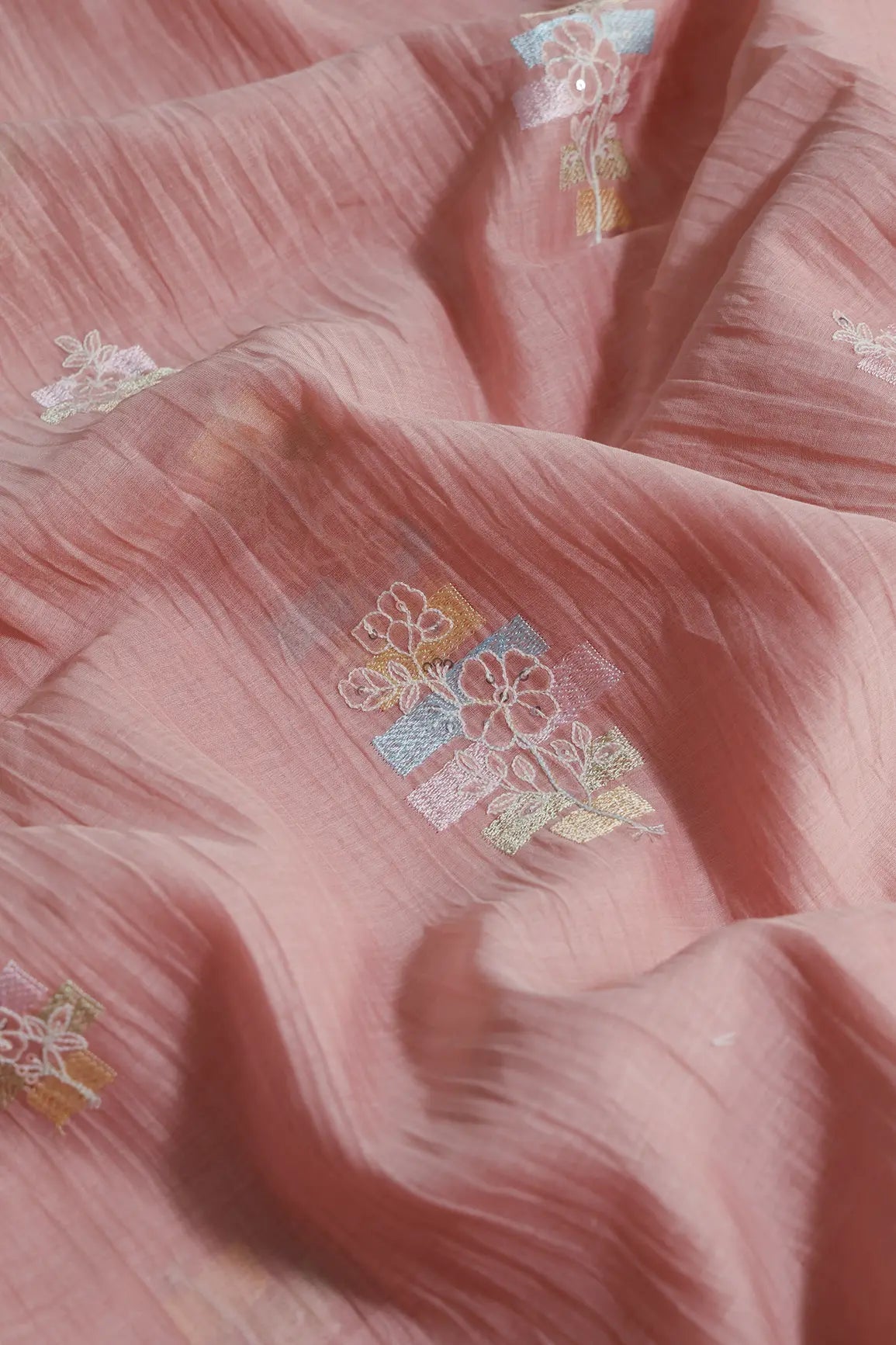 Beautiful Multi Thread With Sequins Floral Embroidery Work On Pastel Pink Pure Mul Chanderi Silk Fabric - doeraa