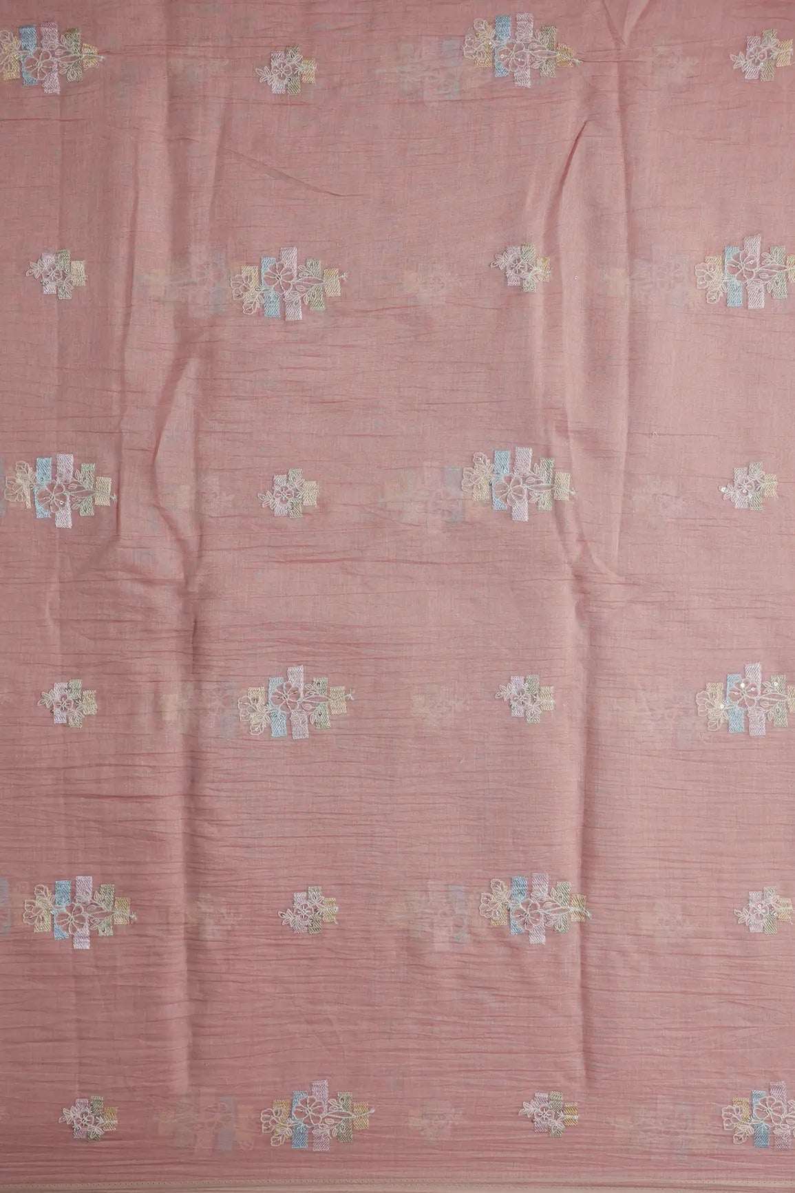 Beautiful Multi Thread With Sequins Floral Embroidery Work On Pastel Pink Pure Mul Chanderi Silk Fabric - doeraa