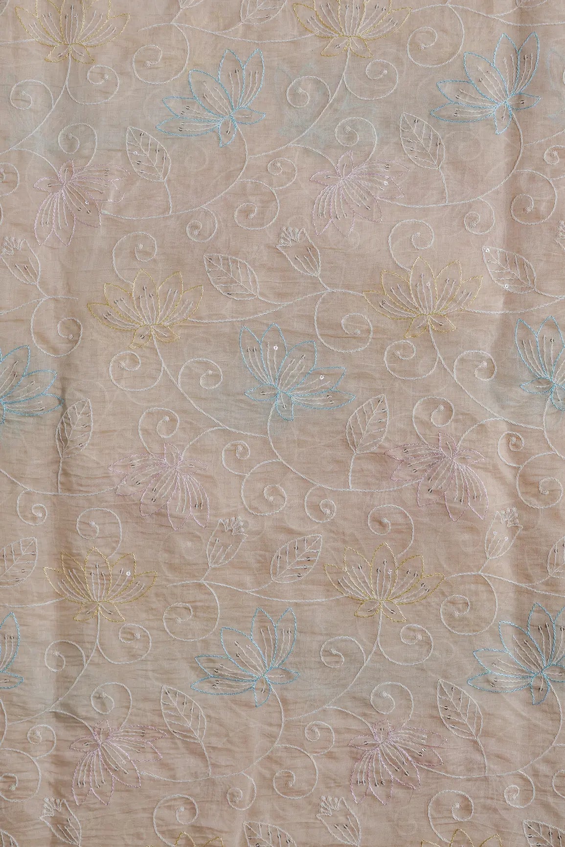 Beautiful Multi Thread With Sequins Floral Leafy Embroidery Work On Light Peach Pure Mul Chanderi Silk Fabric - doeraa