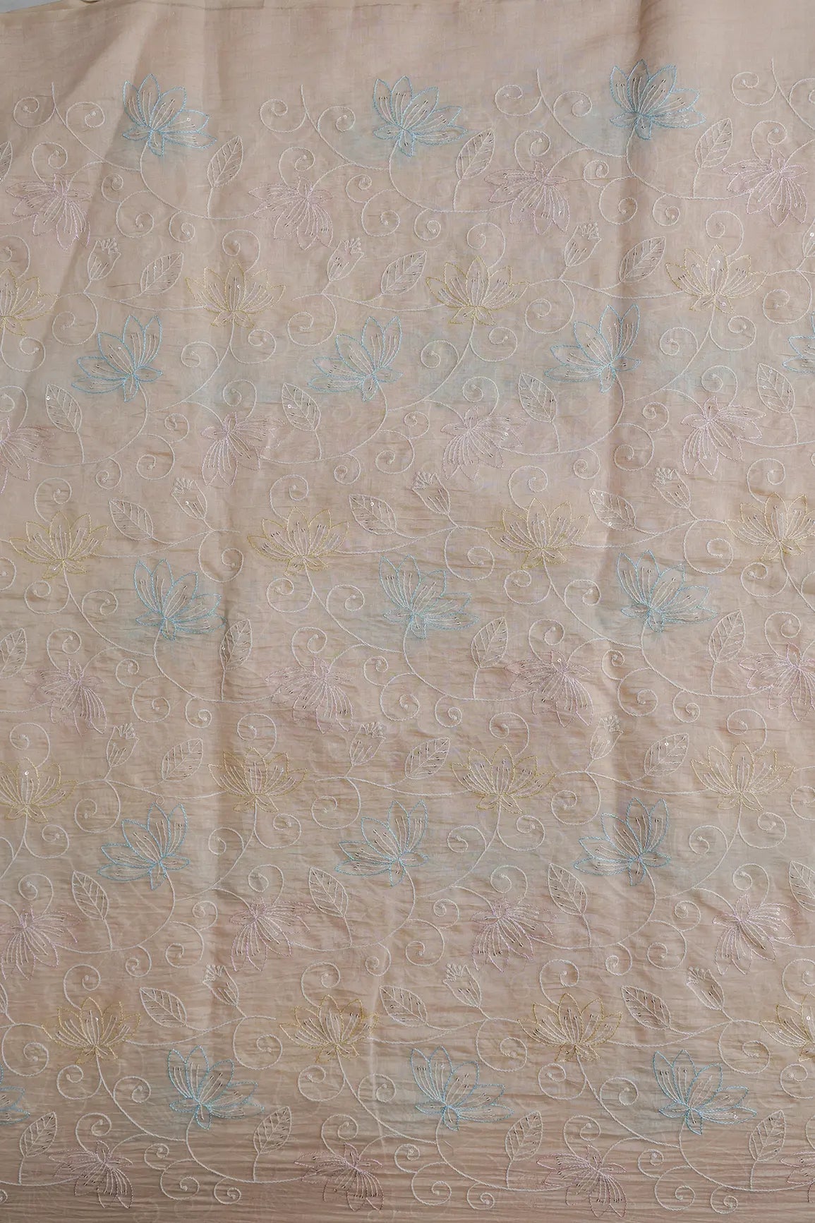 Beautiful Multi Thread With Sequins Floral Leafy Embroidery Work On Light Peach Pure Mul Chanderi Silk Fabric - doeraa