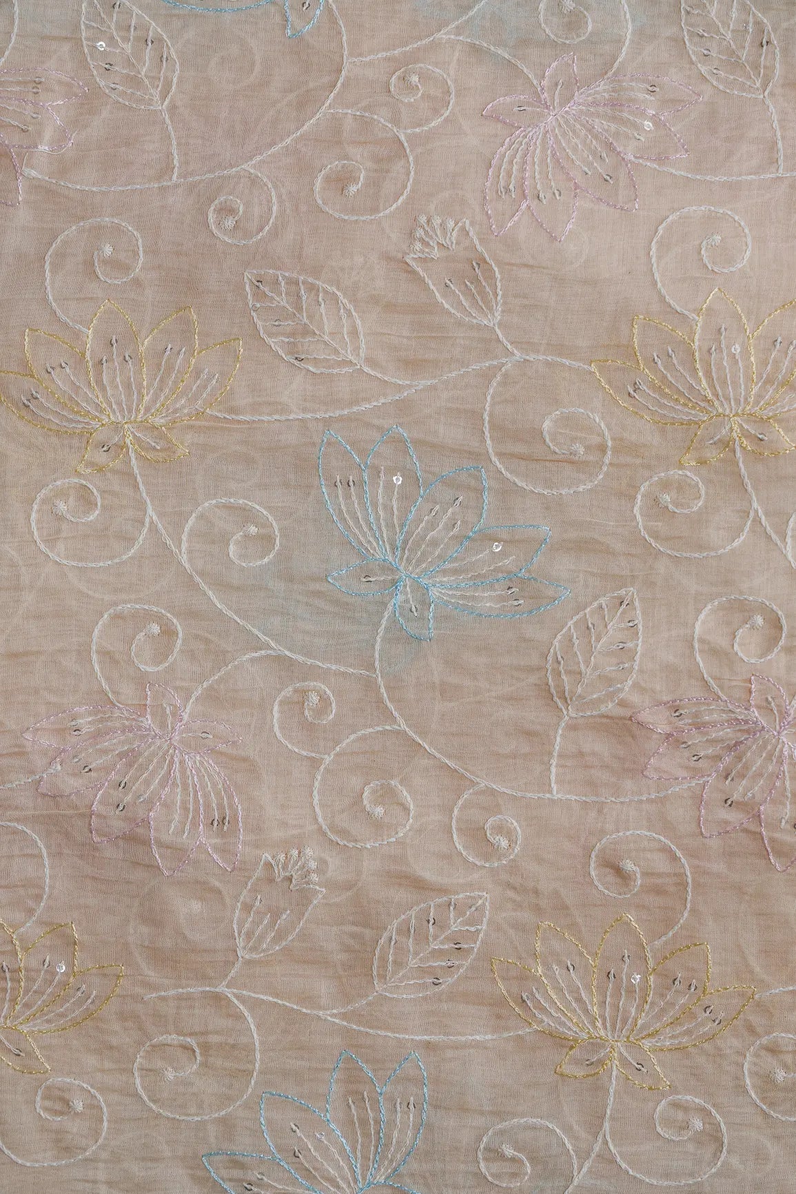 Beautiful Multi Thread With Sequins Floral Leafy Embroidery Work On Light Peach Pure Mul Chanderi Silk Fabric - doeraa