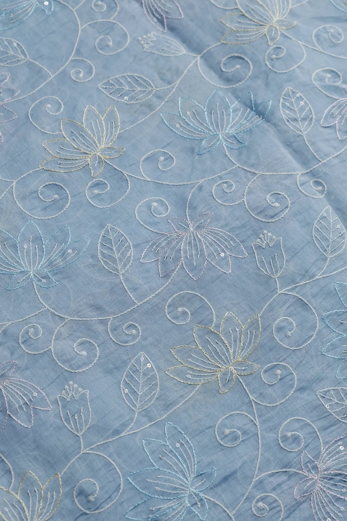 Beautiful Multi Thread With Sequins Floral Leafy Embroidery Work On Pastel Blue Pure Mul Chanderi Silk Fabric - doeraa