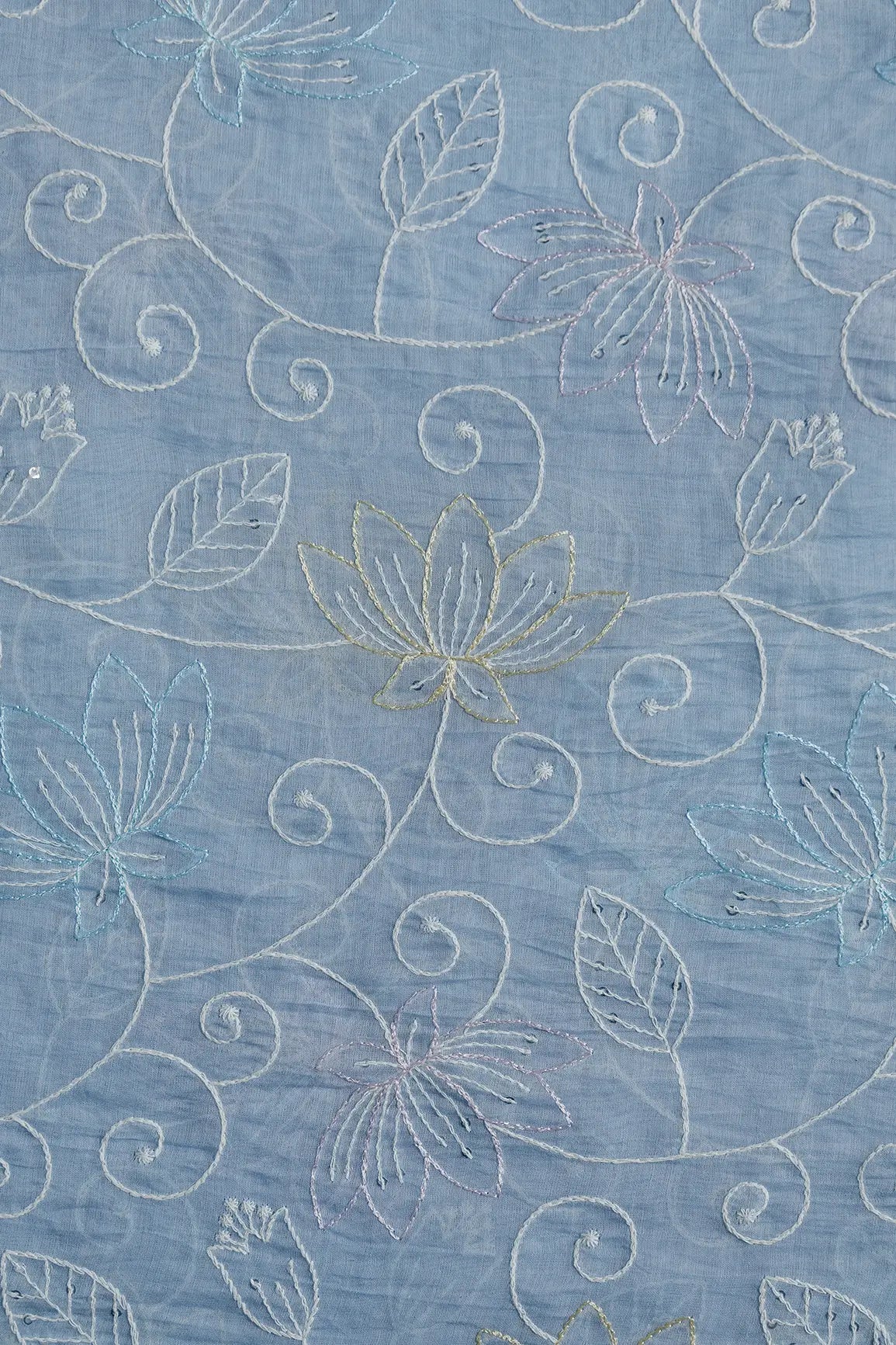 Beautiful Multi Thread With Sequins Floral Leafy Embroidery Work On Pastel Blue Pure Mul Chanderi Silk Fabric - doeraa
