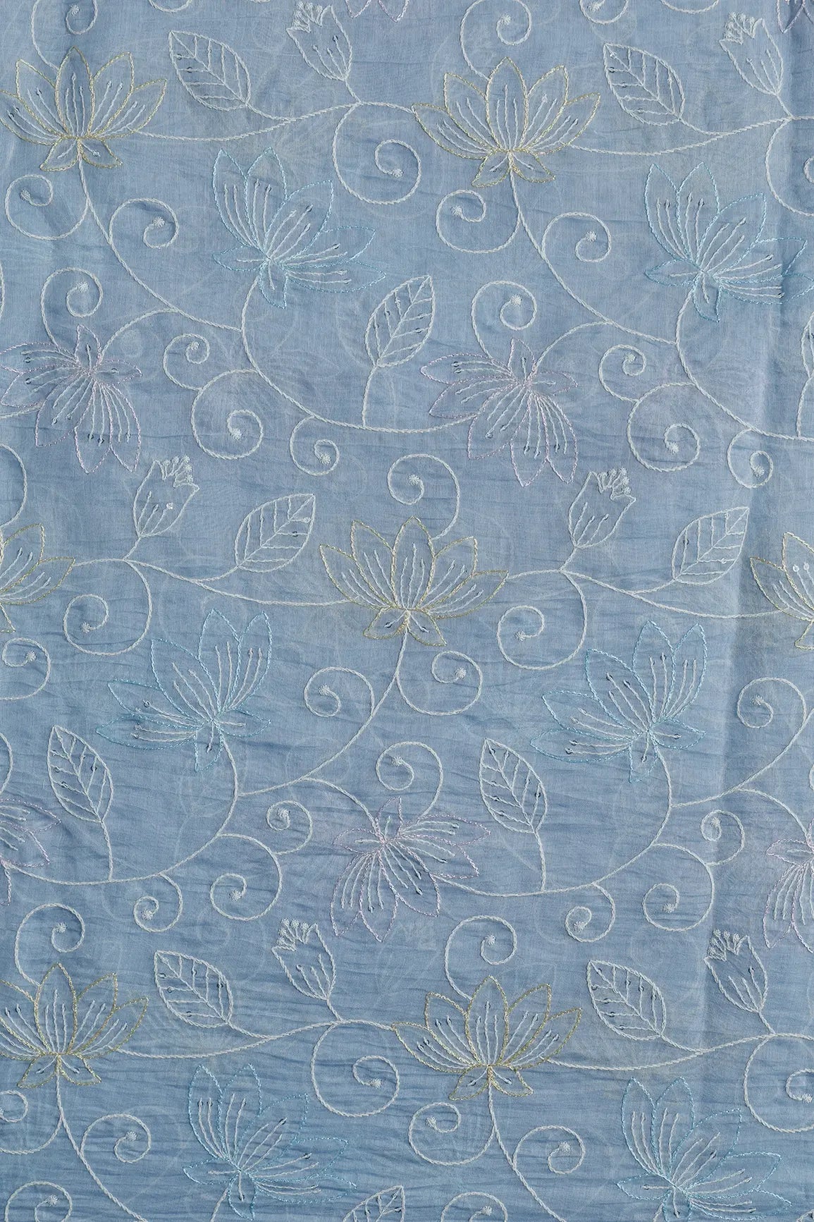 Beautiful Multi Thread With Sequins Floral Leafy Embroidery Work On Pastel Blue Pure Mul Chanderi Silk Fabric - doeraa