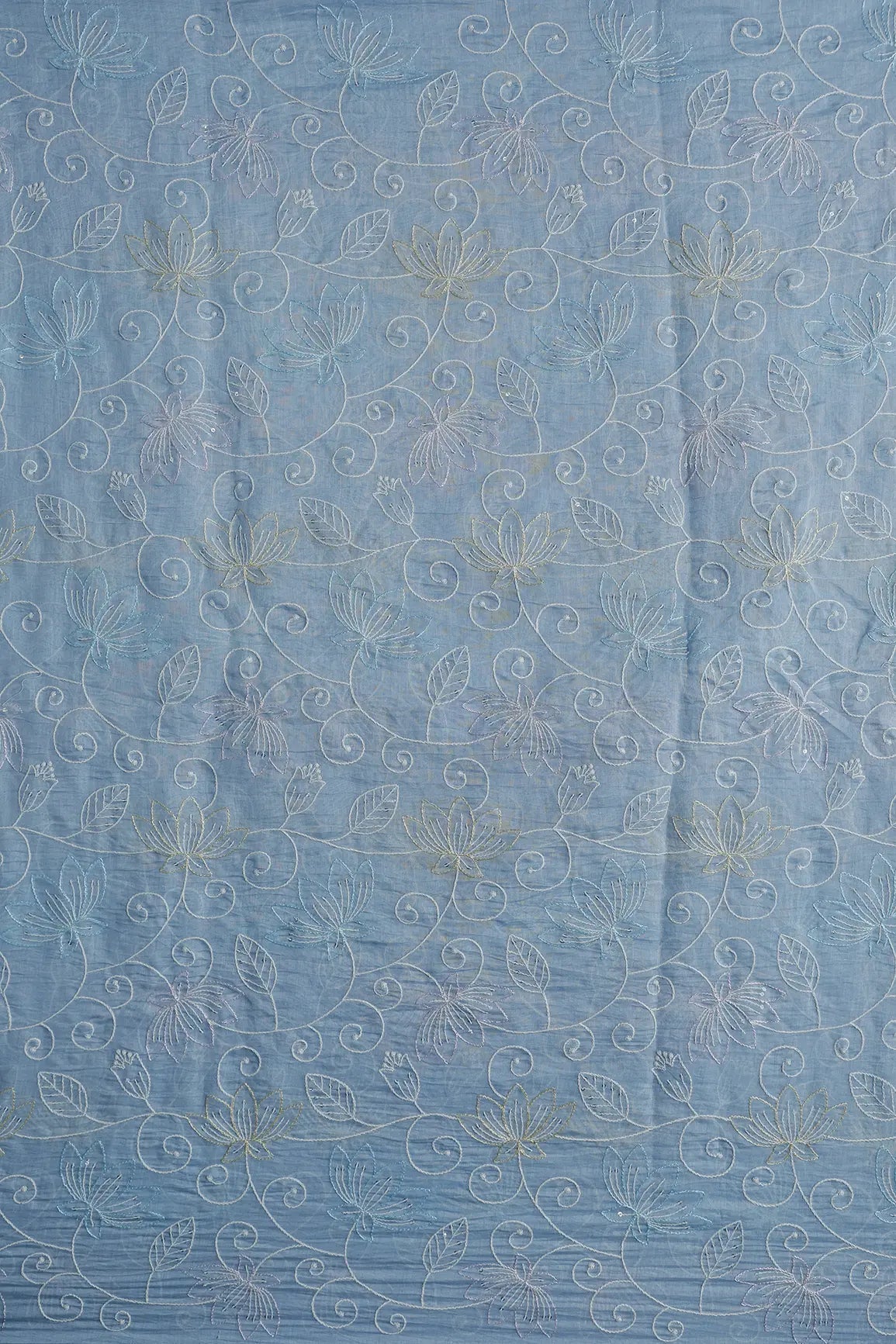 Beautiful Multi Thread With Sequins Floral Leafy Embroidery Work On Pastel Blue Pure Mul Chanderi Silk Fabric - doeraa