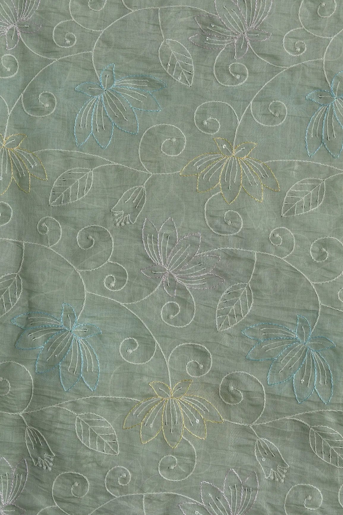 Beautiful Multi Thread With Sequins Floral Leafy Embroidery Work On Pastel Olive Green Pure Mul Chanderi Silk Fabric - doeraa