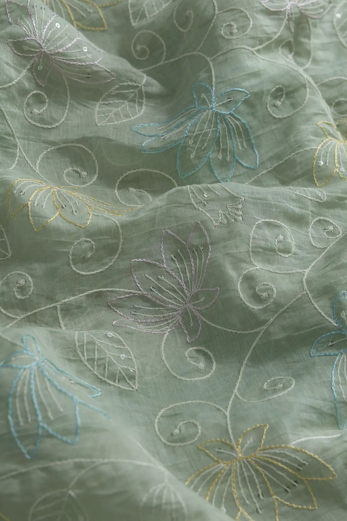 Beautiful Multi Thread With Sequins Floral Leafy Embroidery Work On Pastel Olive Green Pure Mul Chanderi Silk Fabric - doeraa