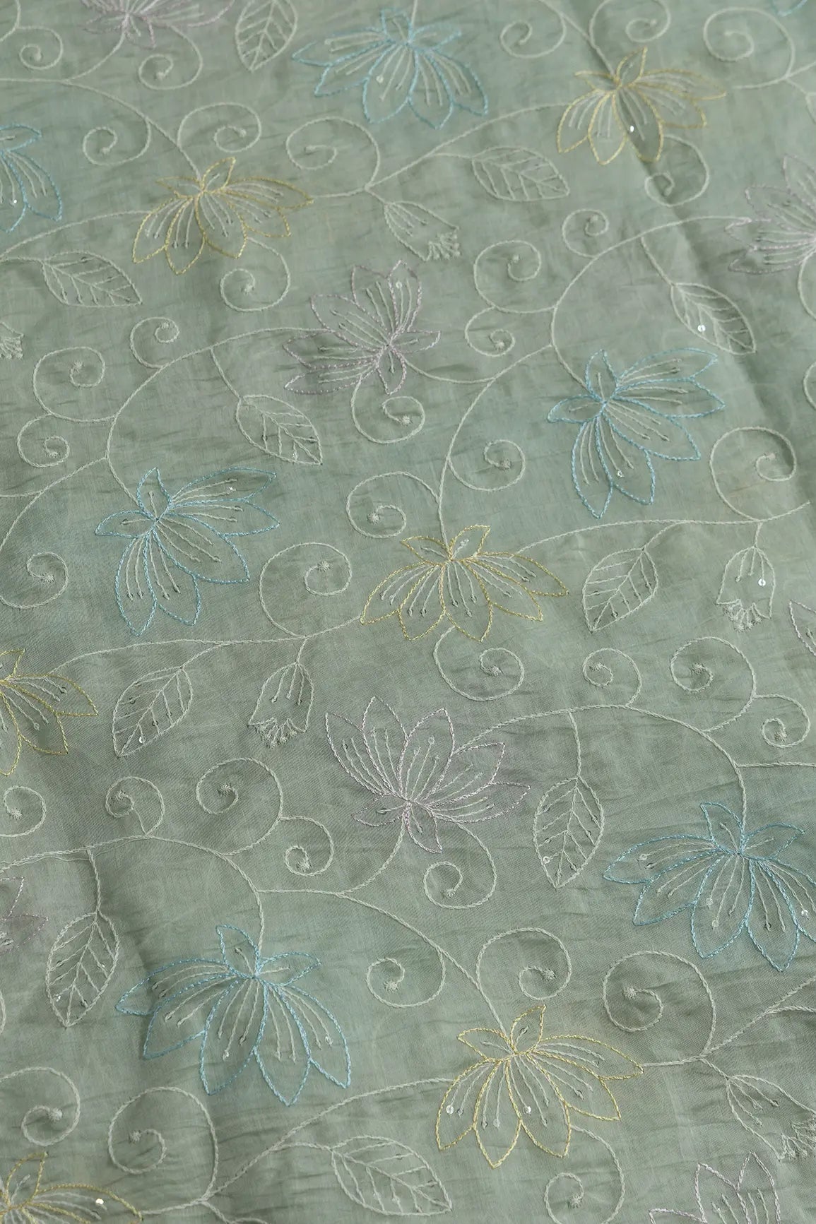 Beautiful Multi Thread With Sequins Floral Leafy Embroidery Work On Pastel Olive Green Pure Mul Chanderi Silk Fabric - doeraa