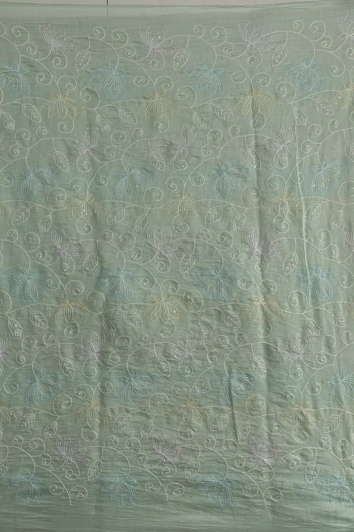 Beautiful Multi Thread With Sequins Floral Leafy Embroidery Work On Pastel Olive Green Pure Mul Chanderi Silk Fabric - doeraa