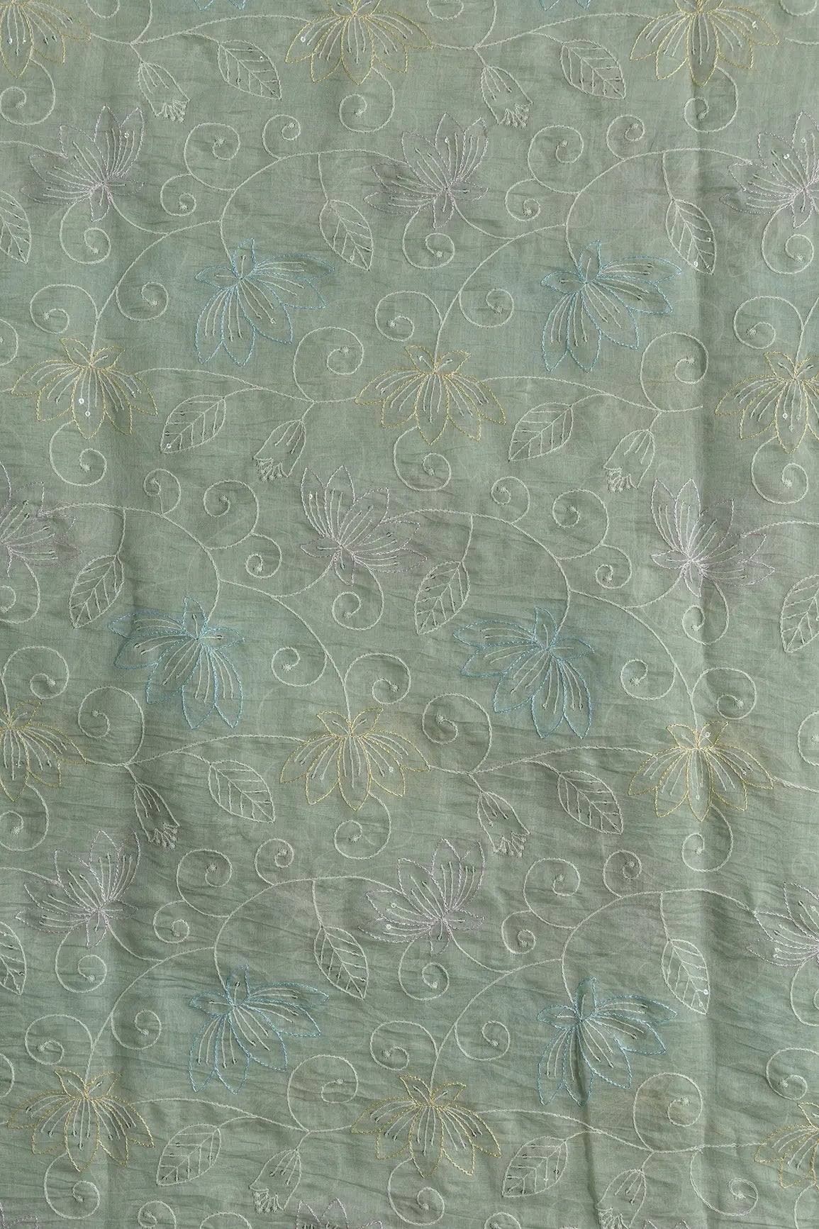 Beautiful Multi Thread With Sequins Floral Leafy Embroidery Work On Pastel Olive Green Pure Mul Chanderi Silk Fabric - doeraa