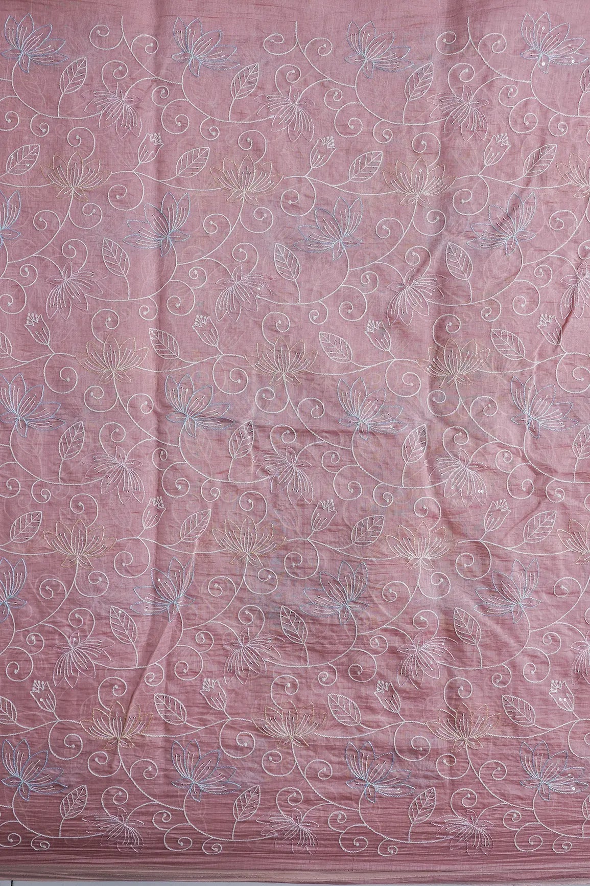 Beautiful Multi Thread With Sequins Floral Leafy Embroidery Work On Pastel Pink Pure Mul Chanderi Silk Fabric - doeraa