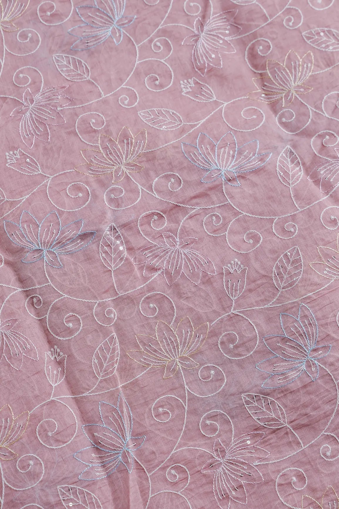 Beautiful Multi Thread With Sequins Floral Leafy Embroidery Work On Pastel Pink Pure Mul Chanderi Silk Fabric - doeraa