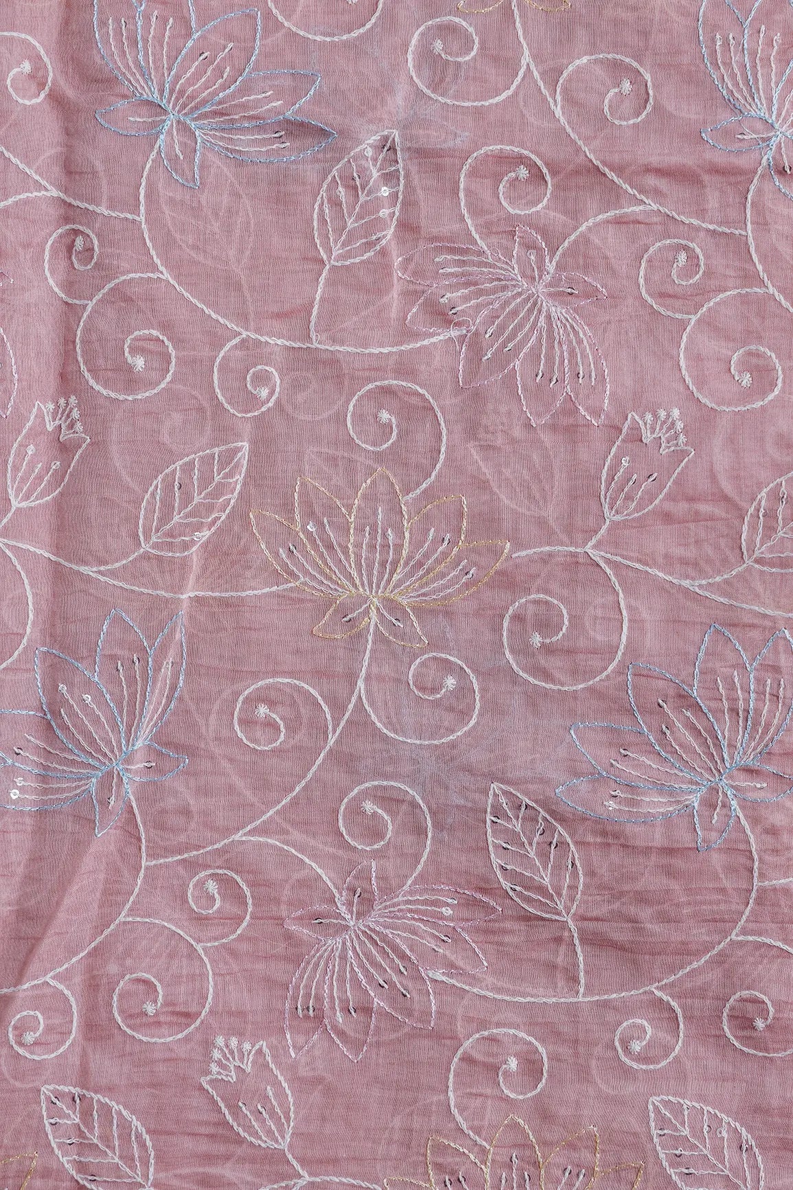 Beautiful Multi Thread With Sequins Floral Leafy Embroidery Work On Pastel Pink Pure Mul Chanderi Silk Fabric - doeraa