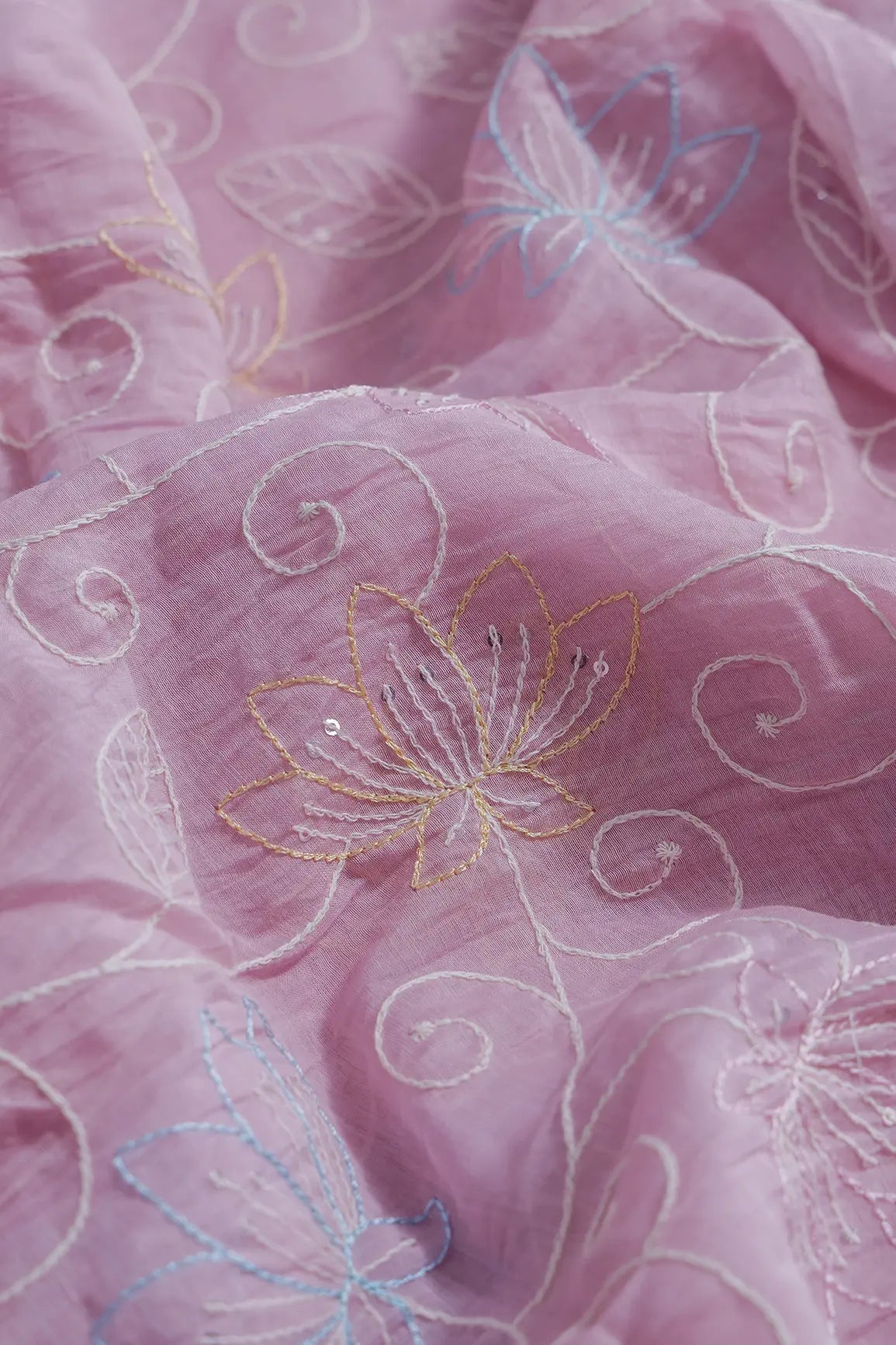 Beautiful Multi Thread With Sequins Floral Leafy Embroidery Work On Pink Pure Mul Chanderi Silk Fabric - doeraa