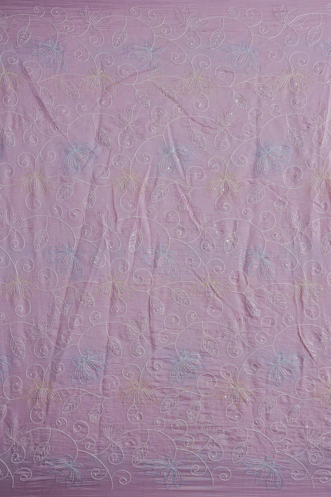 Beautiful Multi Thread With Sequins Floral Leafy Embroidery Work On Pink Pure Mul Chanderi Silk Fabric - doeraa