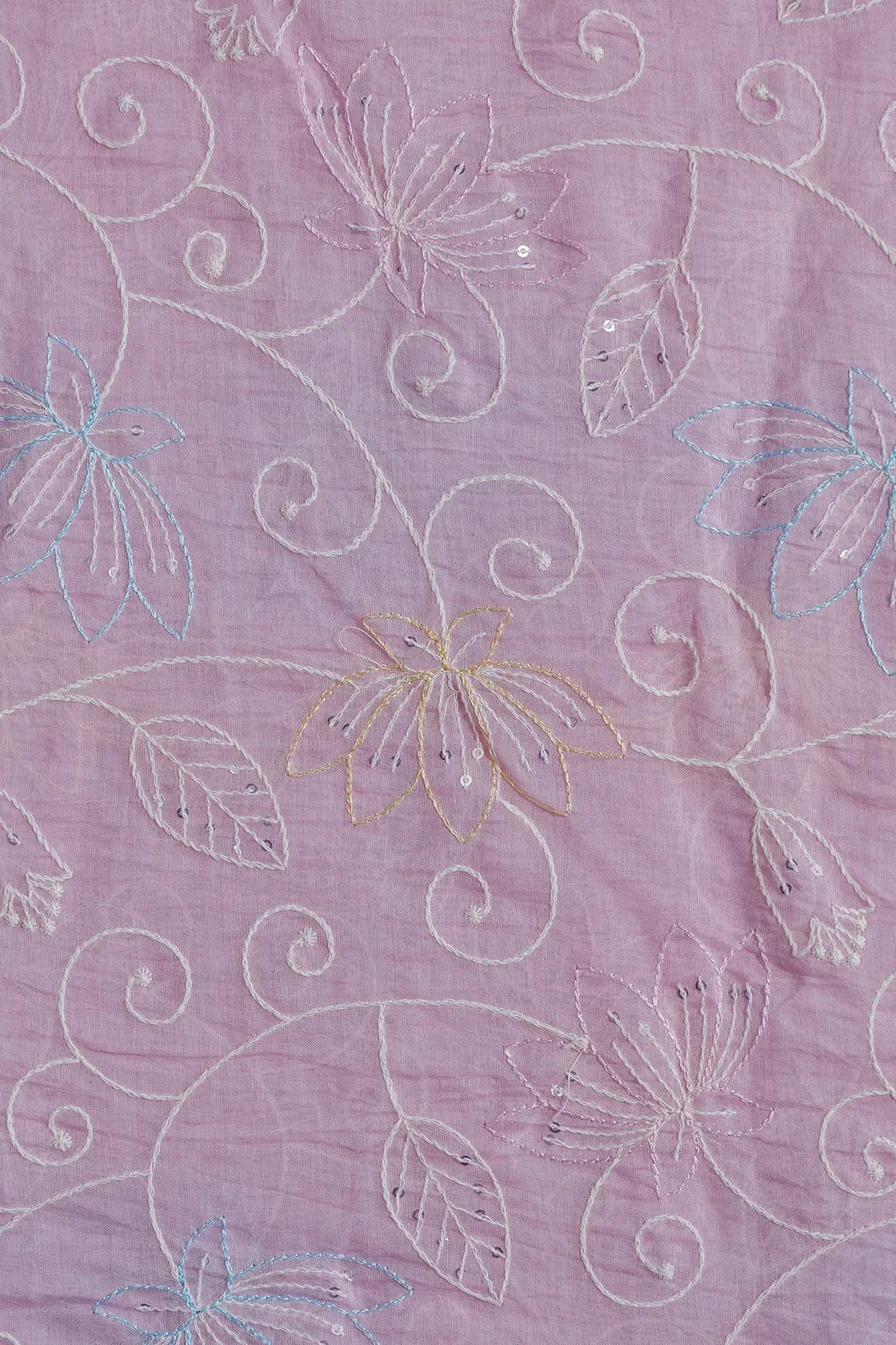 Beautiful Multi Thread With Sequins Floral Leafy Embroidery Work On Pink Pure Mul Chanderi Silk Fabric - doeraa