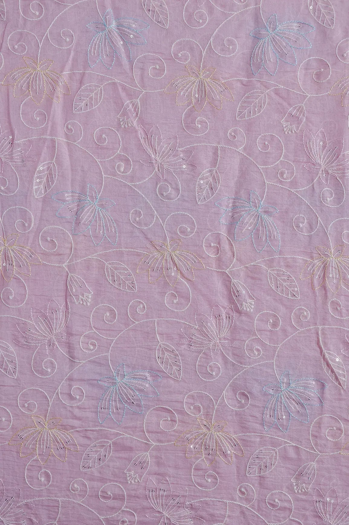 Beautiful Multi Thread With Sequins Floral Leafy Embroidery Work On Pink Pure Mul Chanderi Silk Fabric - doeraa
