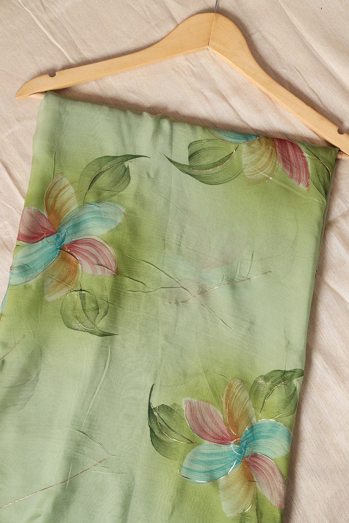 Beautiful Multicolor Floral Hand Painted With Foil Work On Olive Pure Organza Saree ( 5.5 Meters) - doeraa