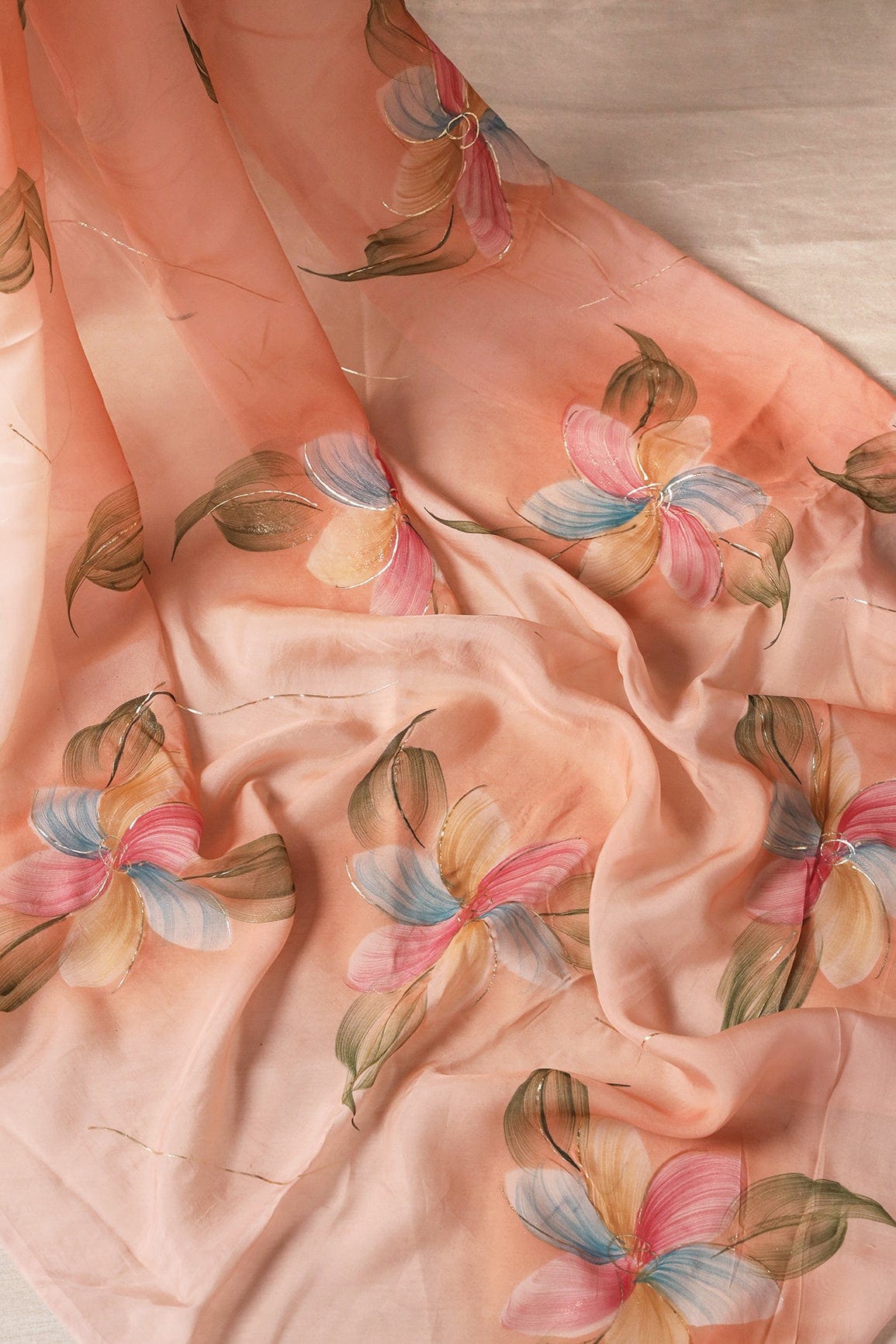 Beautiful Multicolor Floral Hand Painted With Foil Work On Peach Pure Organza Saree ( 5.5 Meters) - doeraa