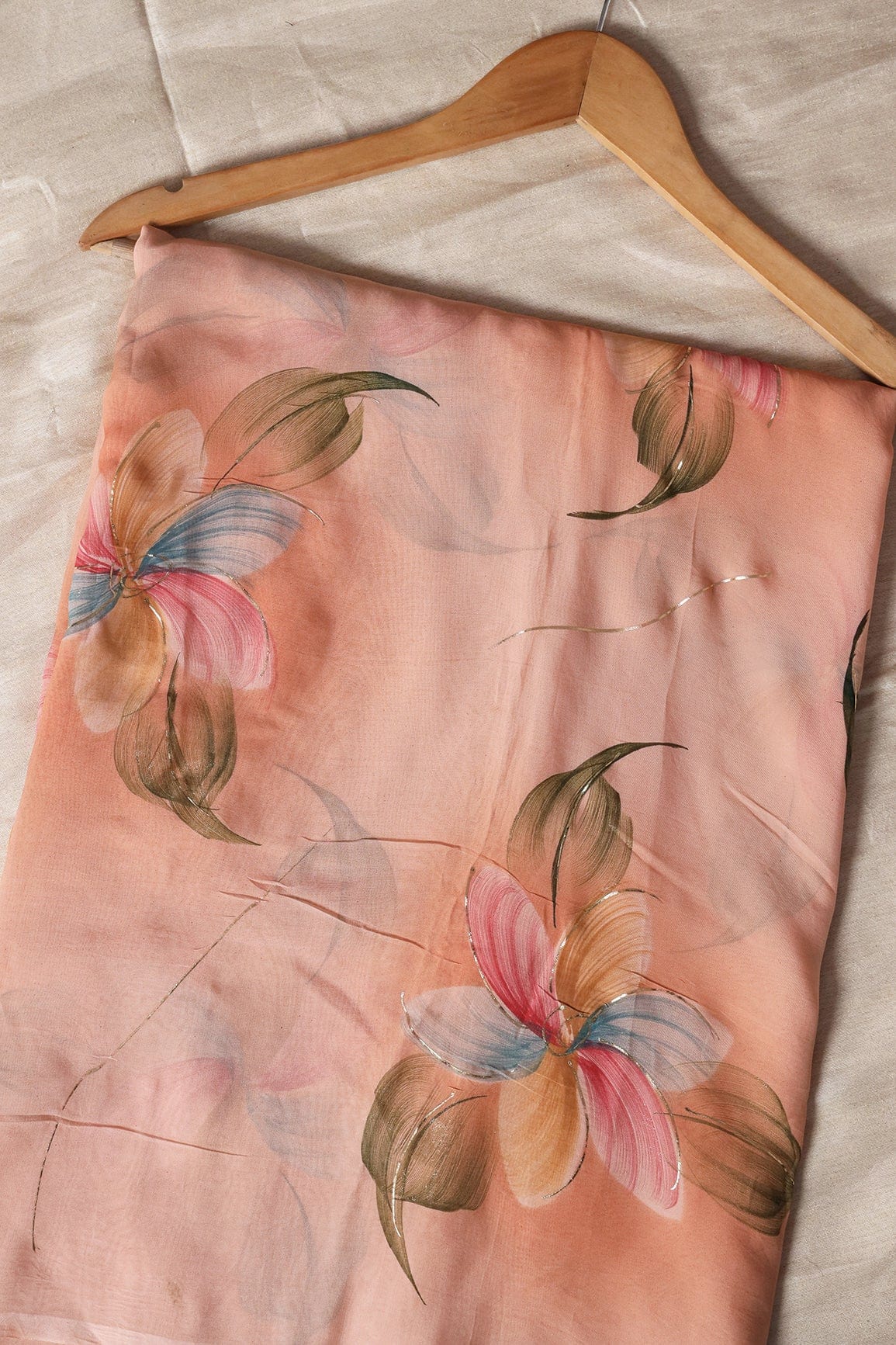 Beautiful Multicolor Floral Hand Painted With Foil Work On Peach Pure Organza Saree ( 5.5 Meters) - doeraa