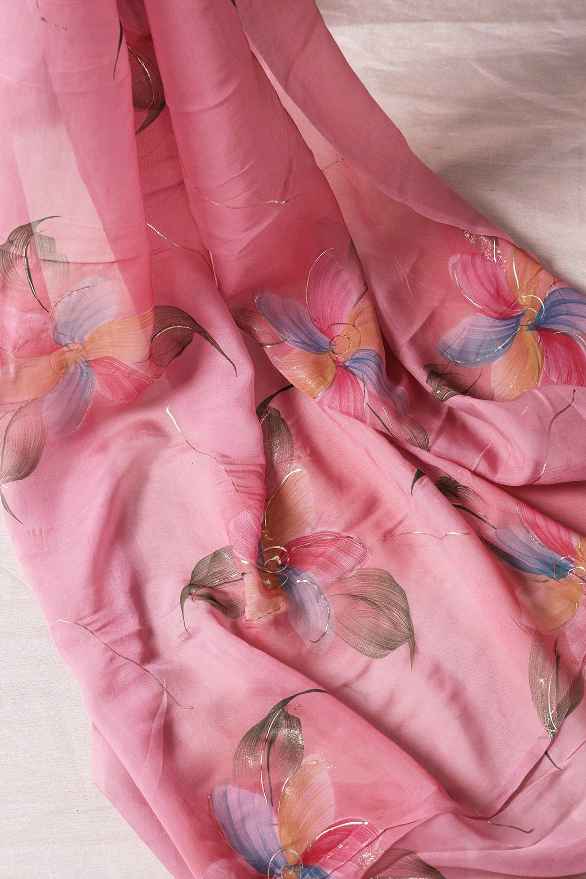 Beautiful Multicolor Floral Hand Painted With Foil Work On Pink Pure Organza Saree ( 5.5 Meters) - doeraa