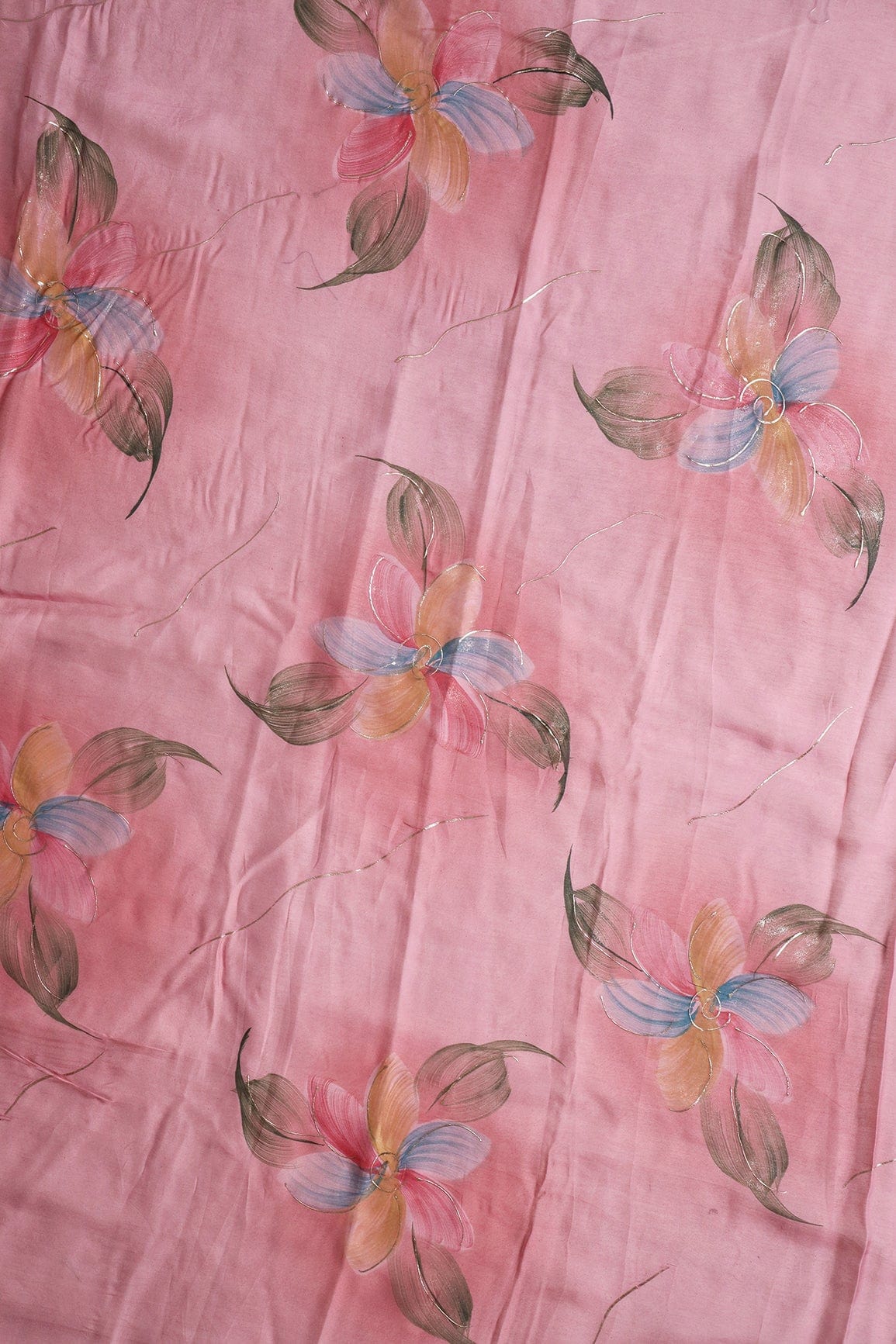 Beautiful Multicolor Floral Hand Painted With Foil Work On Pink Pure Organza Saree ( 5.5 Meters) - doeraa