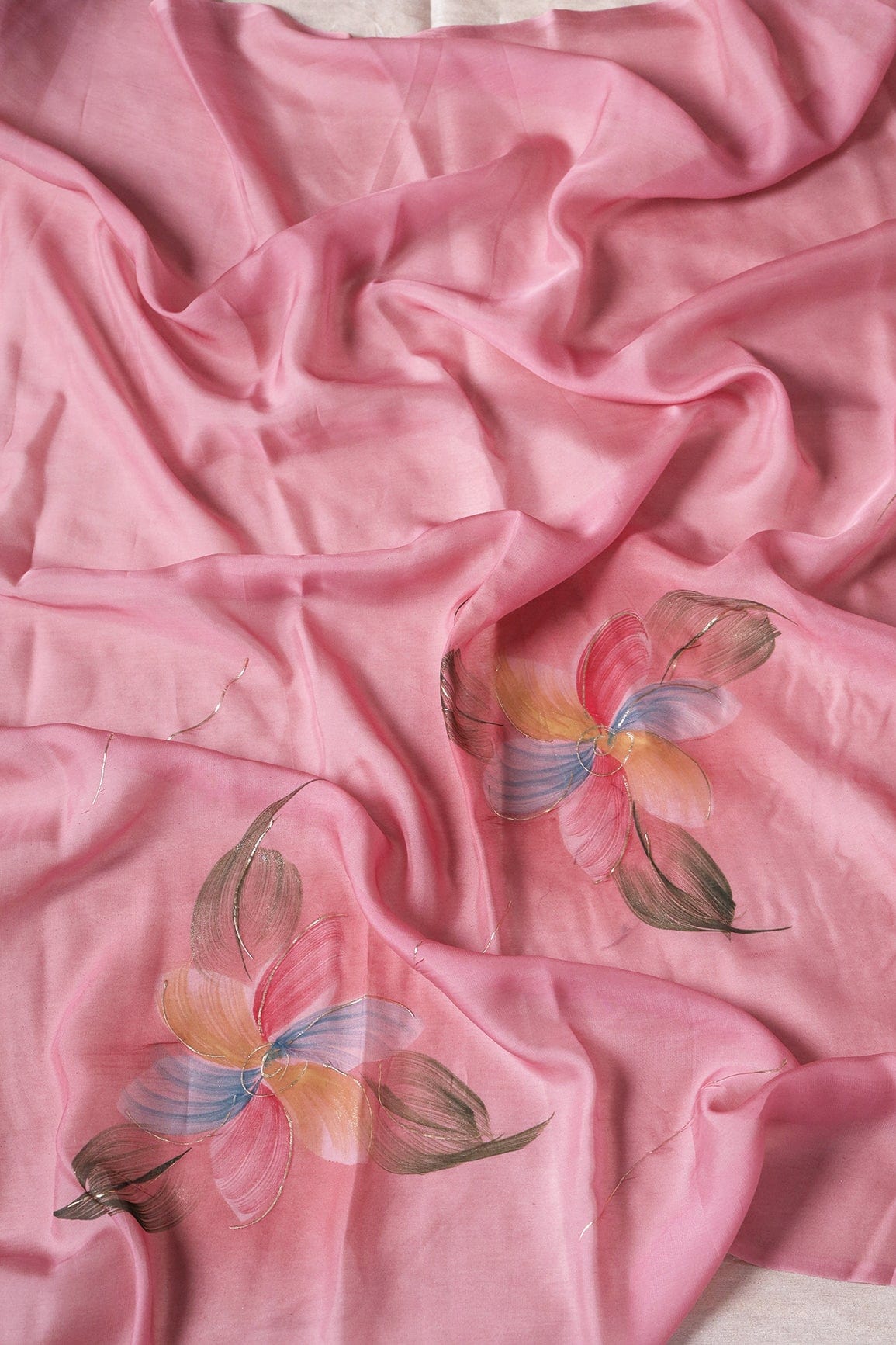 Beautiful Multicolor Floral Hand Painted With Foil Work On Pink Pure Organza Saree ( 5.5 Meters) - doeraa